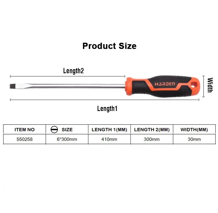 HARDEN Slotted Magnetic Screwdriver ( 1.5" | 4" | 6" | 8" | 10" | 12" ), Flat Screw driver with strong magnet & CRV; Model: 550251 | 550253 | 550255 | 550256 | 550257 | 550258_img_18