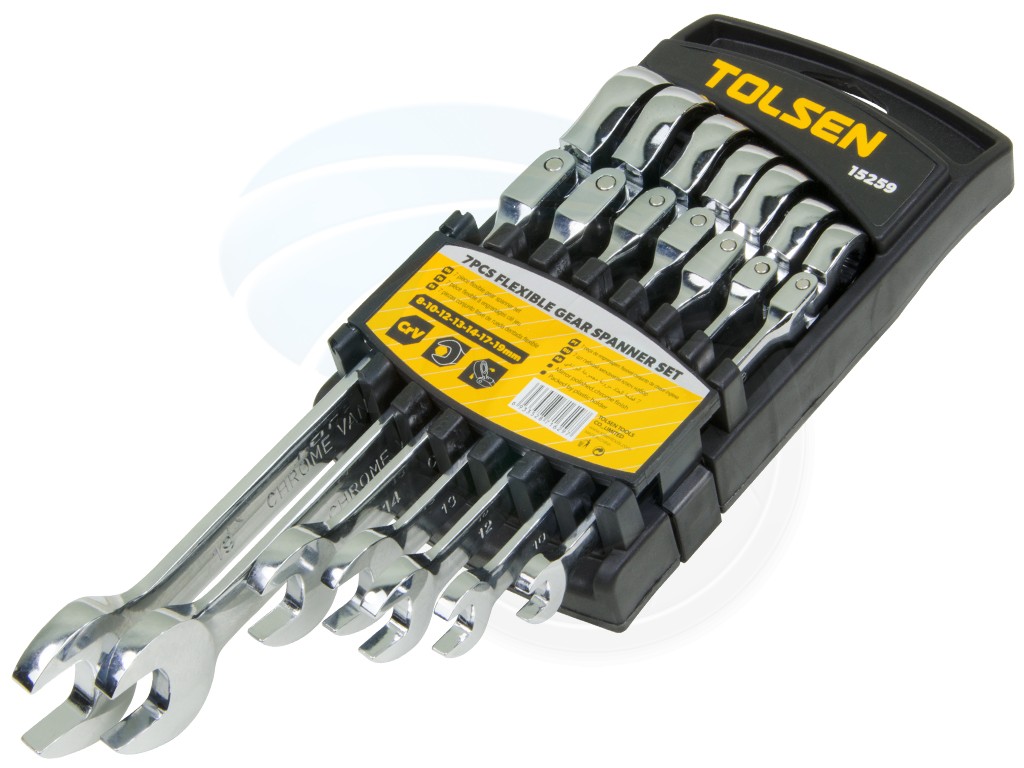 TOLSEN 15259 7Pcs Flexible Head Combination Ratchet Spanner Set | Chrome Plated | Satin Finish | Sizes 8–19mm | Model: 15259_img_5