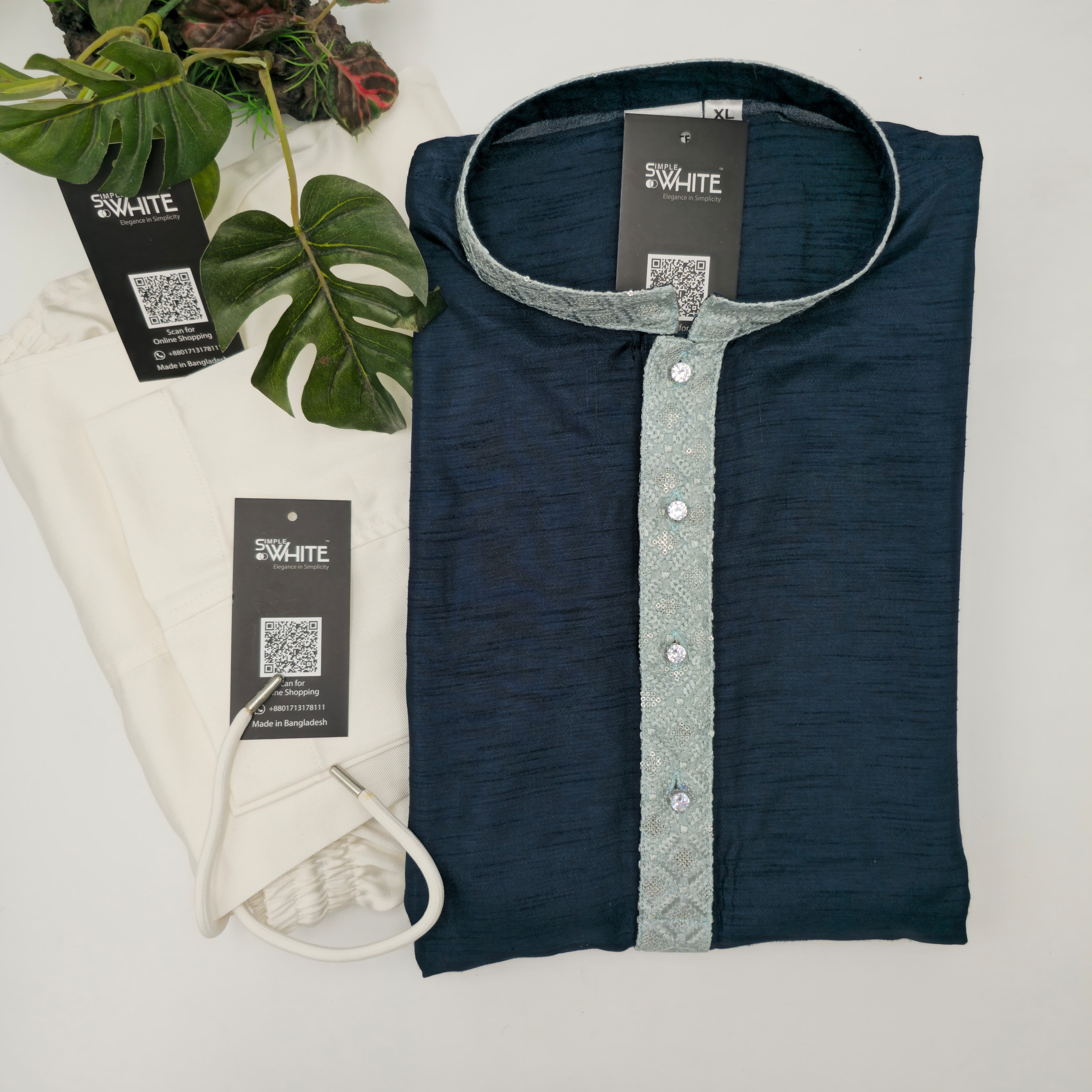 Men’s Navy Blue Panjabi with Light Grey Embroidered Collar & Placket – Traditional Festive Wear by Simple White (Punjabi BDT 4,990 + Pajama BDT 2,500)_img_0