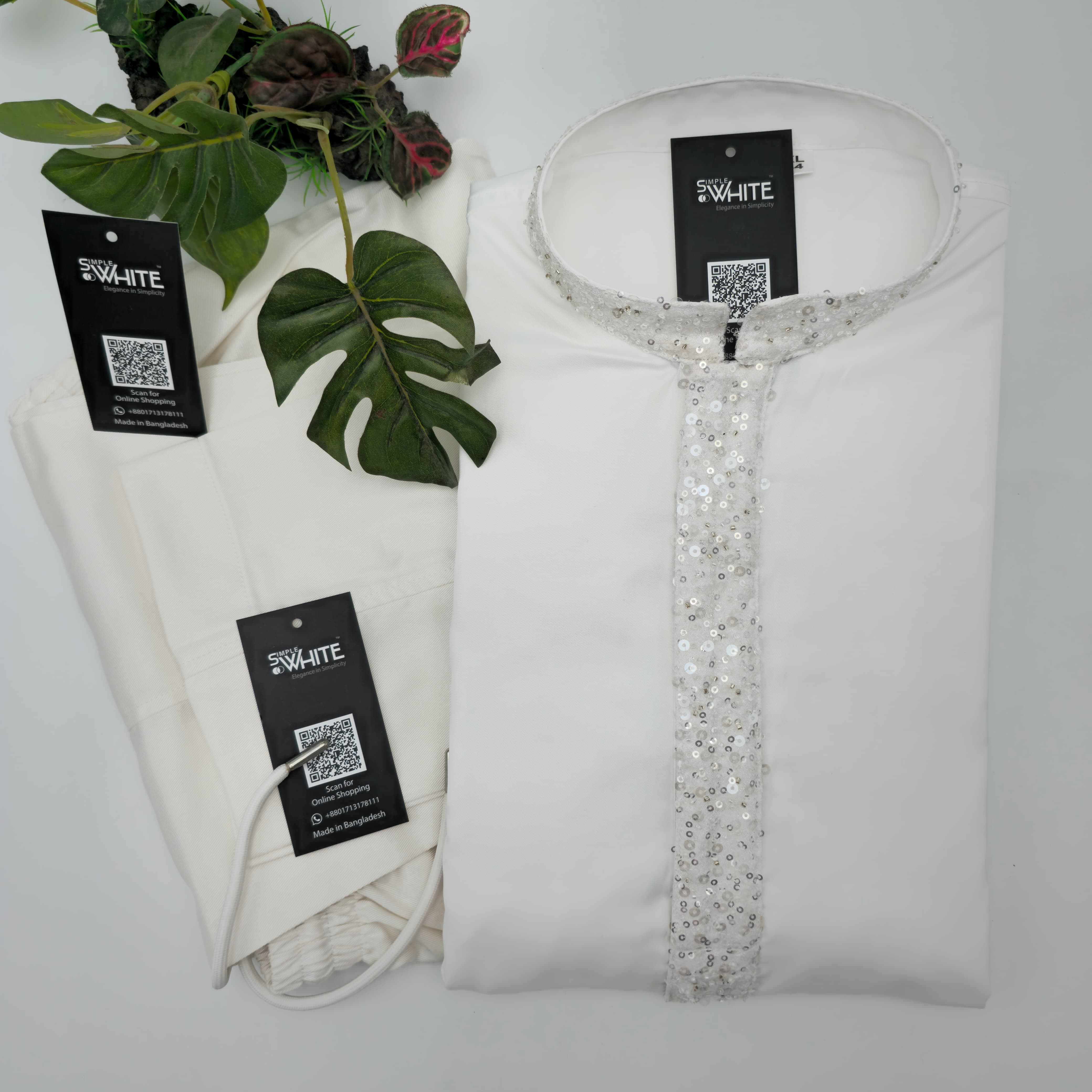 Elegant White Panjabi with Sequined Embroidered Placket – Premium Festive Wear by Simple White (Punjabi BDT 9,490 + Pajama BDT 2,500)_img_0
