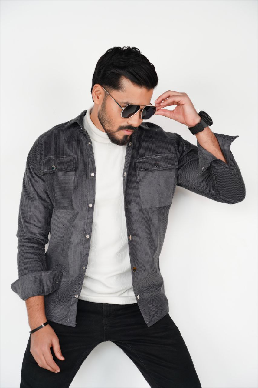 Corduroy Men's  Shacket In Dark Grey_img_0