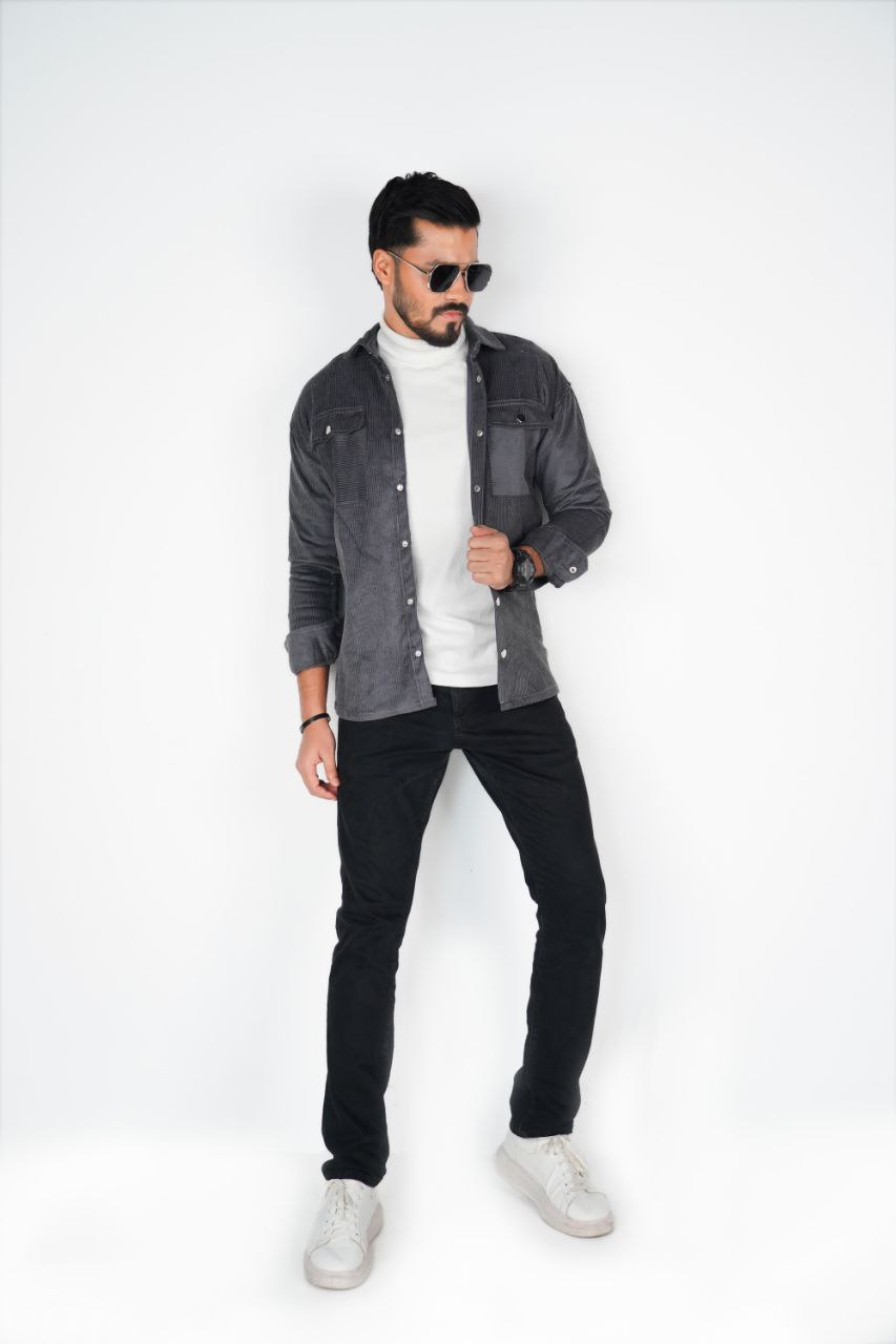 Corduroy Men's  Shacket In Dark Grey_img_1