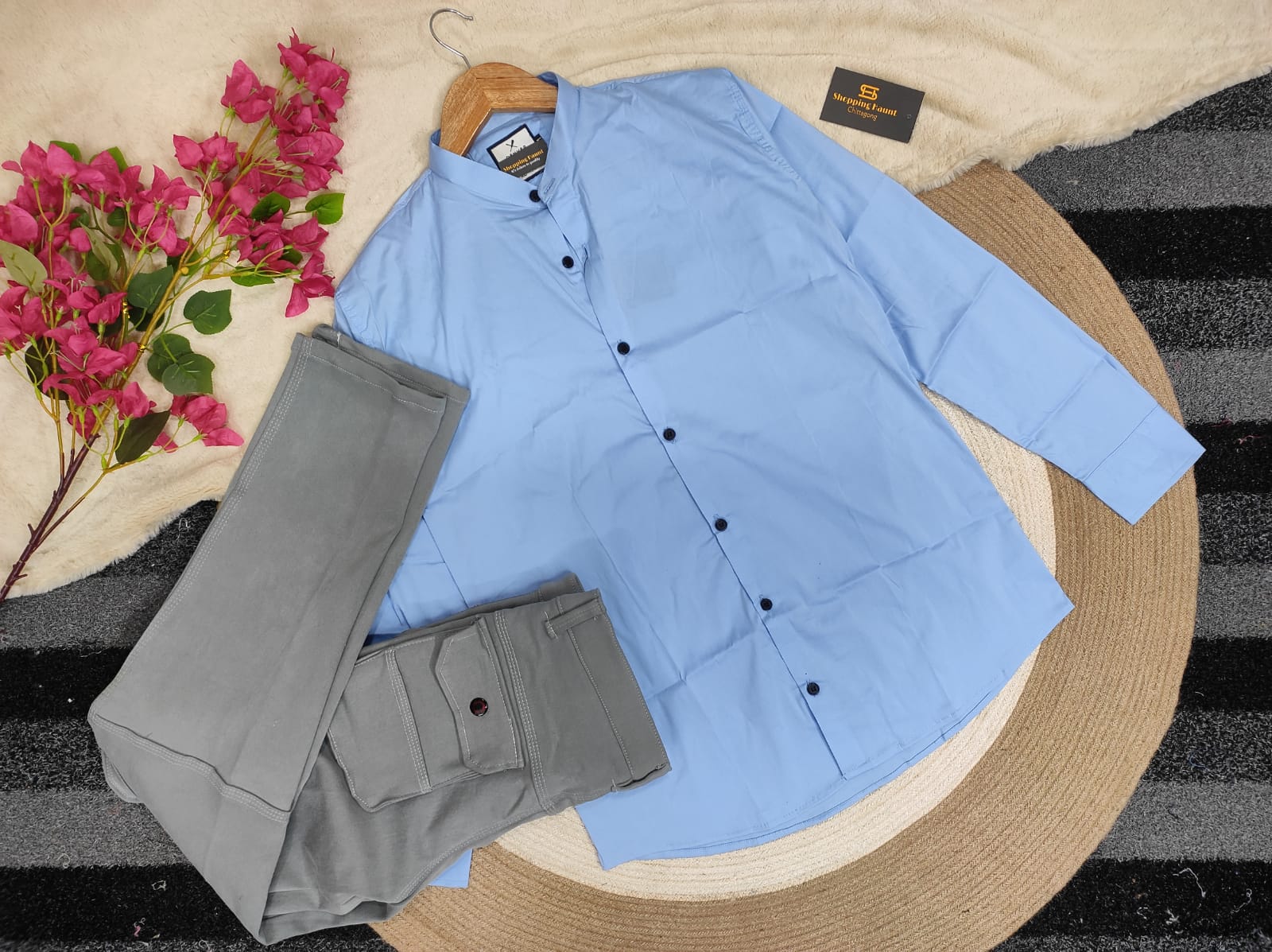 Band collar sky shirt with Ash cargo gabardine pant_img_1