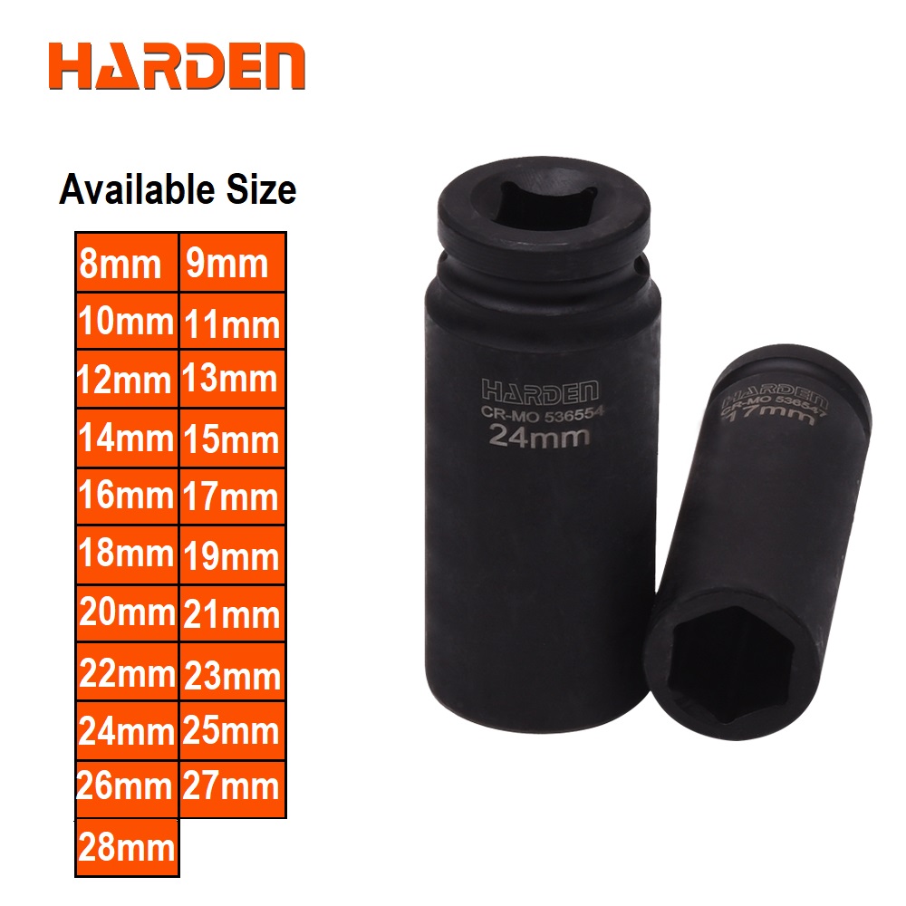 HARDEN 1/2" Drive Impact Deep Socket ( 8 | 10 | 11 | 12 | 13 | 14 | 15 | 16| 17 | 18 | 19| 20 | 21 | 22 | 23 | 24 | 25 | 26 | 27 | 28 mm ), Long Socket, 6PT; Model: 536538 to 536558_img_0
