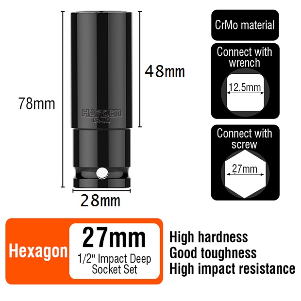 HARDEN 1/2" Drive Impact Deep Socket ( 8 | 10 | 11 | 12 | 13 | 14 | 15 | 16| 17 | 18 | 19| 20 | 21 | 22 | 23 | 24 | 25 | 26 | 27 | 28 mm ), Long Socket, 6PT; Model: 536538 to 536558_img_14