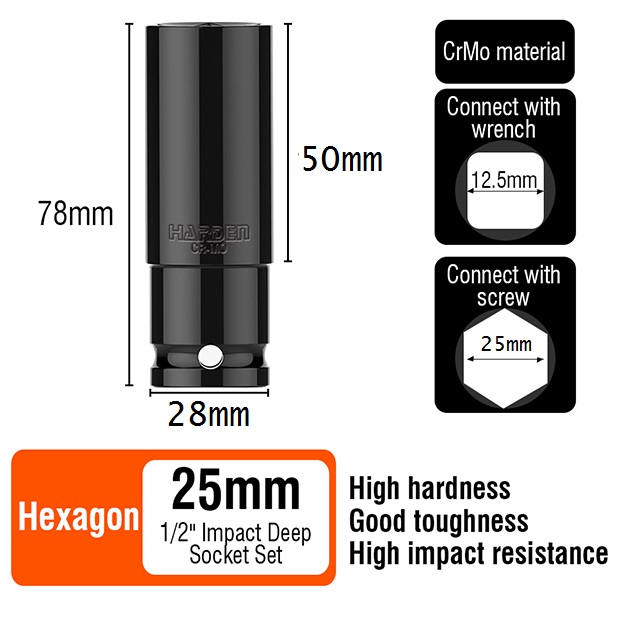 HARDEN 1/2" Drive Impact Deep Socket ( 8 | 10 | 11 | 12 | 13 | 14 | 15 | 16| 17 | 18 | 19| 20 | 21 | 22 | 23 | 24 | 25 | 26 | 27 | 28 mm ), Long Socket, 6PT; Model: 536538 to 536558_img_16