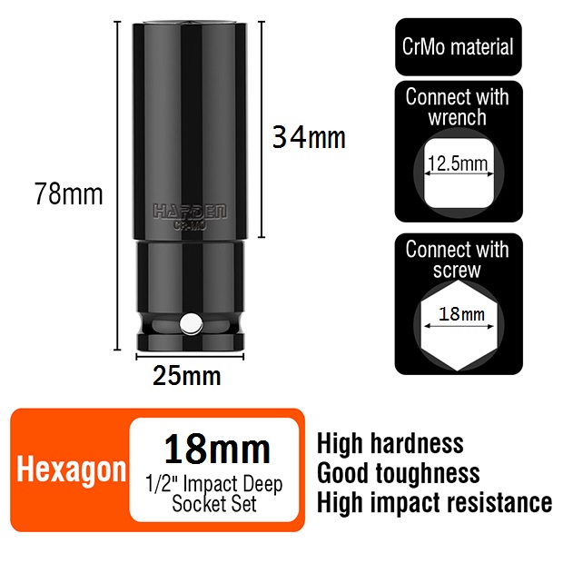 HARDEN 1/2" Drive Impact Deep Socket ( 8 | 10 | 11 | 12 | 13 | 14 | 15 | 16| 17 | 18 | 19| 20 | 21 | 22 | 23 | 24 | 25 | 26 | 27 | 28 mm ), Long Socket, 6PT; Model: 536538 to 536558_img_23