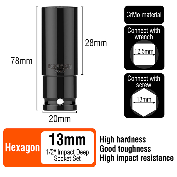 HARDEN 1/2" Drive Impact Deep Socket ( 8 | 10 | 11 | 12 | 13 | 14 | 15 | 16| 17 | 18 | 19| 20 | 21 | 22 | 23 | 24 | 25 | 26 | 27 | 28 mm ), Long Socket, 6PT; Model: 536538 to 536558_img_28