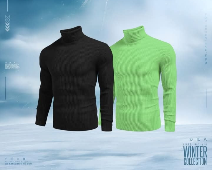 Men’s Long Sleeve Ribbed Black & Lime Green Turtleneck Pullover_img_0