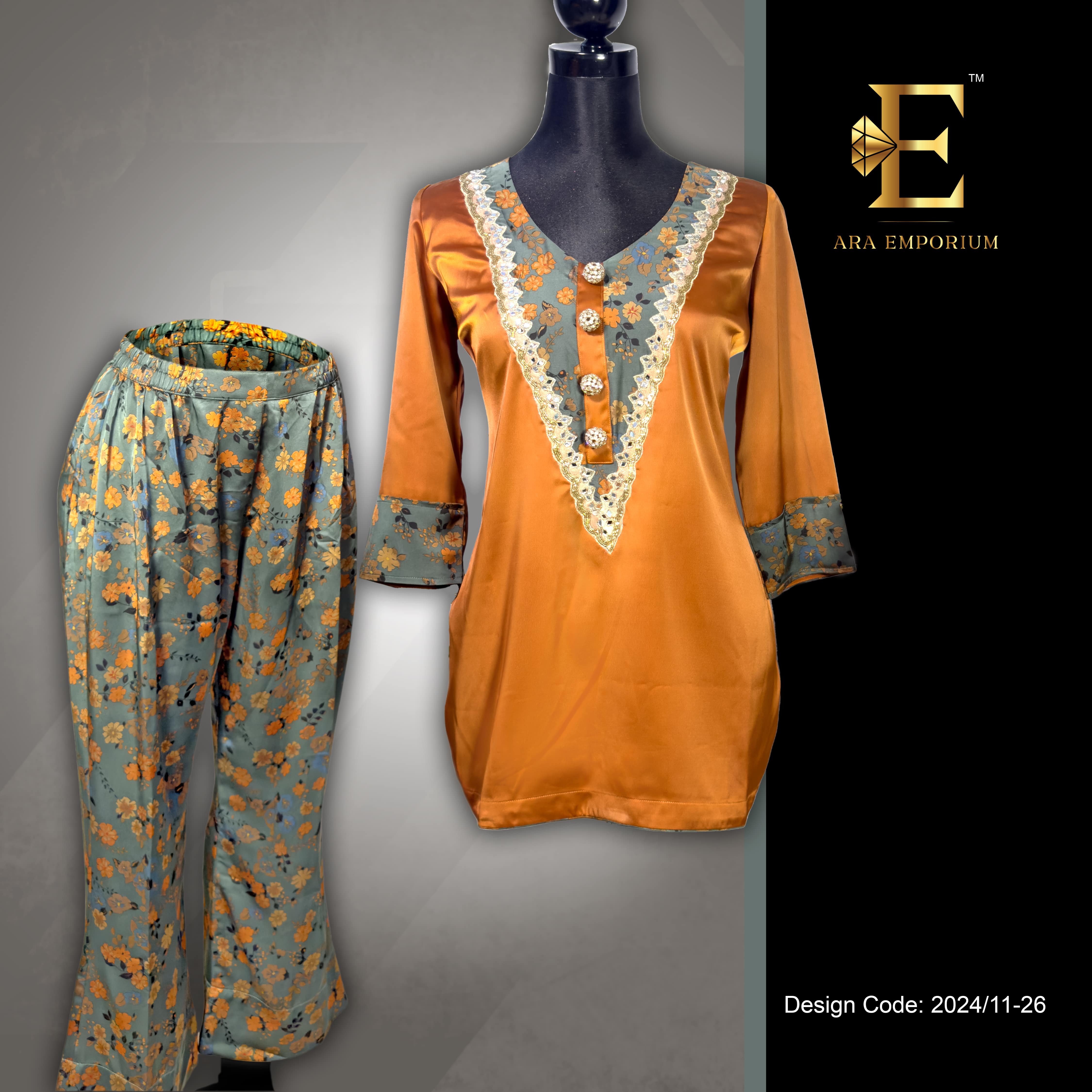 Rust Gold Satin Cord Set with Embroidered Neck and Floral Trousers - Image 2