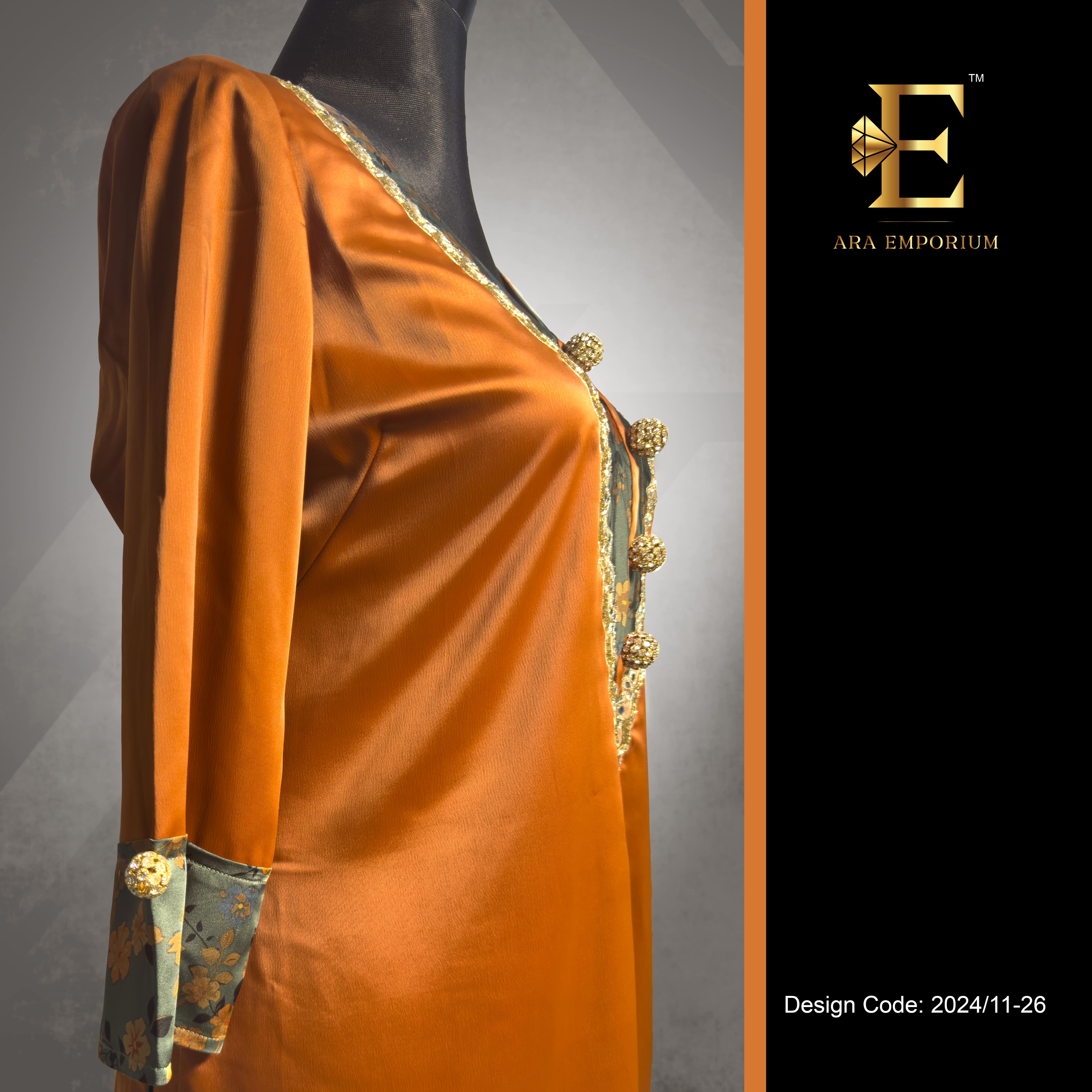 Rust Gold Satin Cord Set with Embroidered Neck and Floral Trousers - Image 3