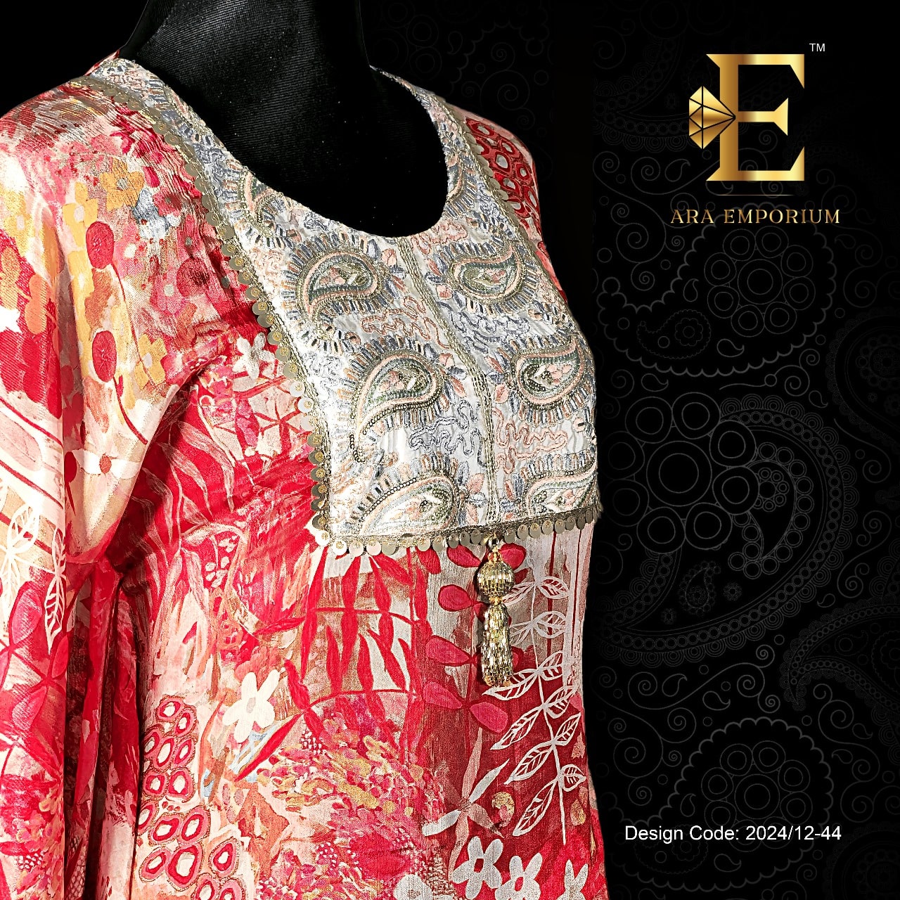 Red Printed Long Kaftan with Heavy Embellished Yoke - Image 2