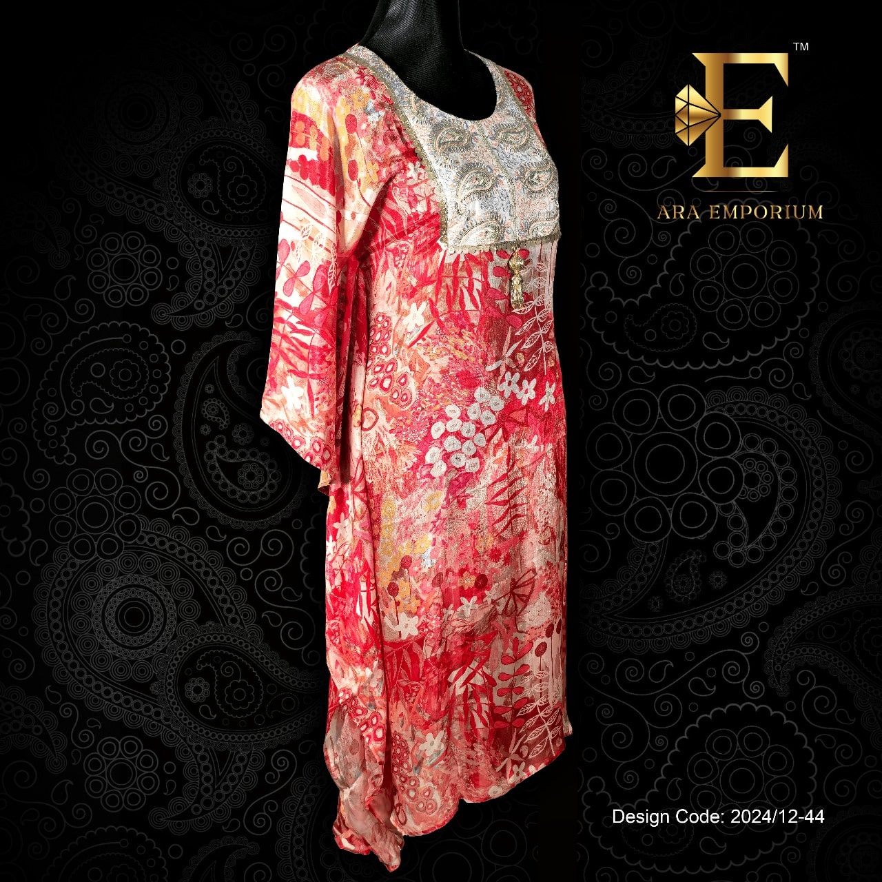 Red Printed Long Kaftan with Heavy Embellished Yoke - Image 3