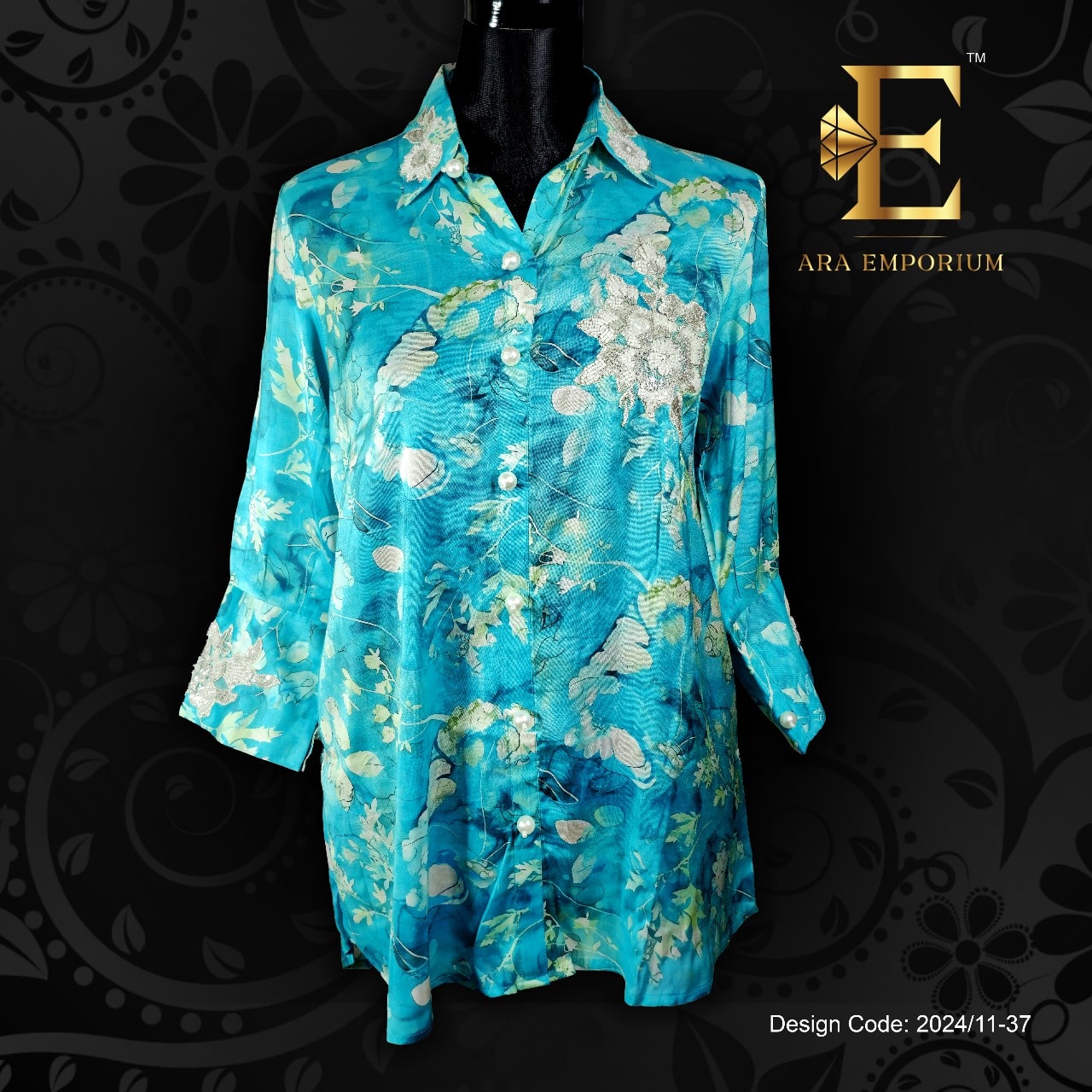 Sky Blue Floral Printed Shirt with Embroidered Accents - Image 1