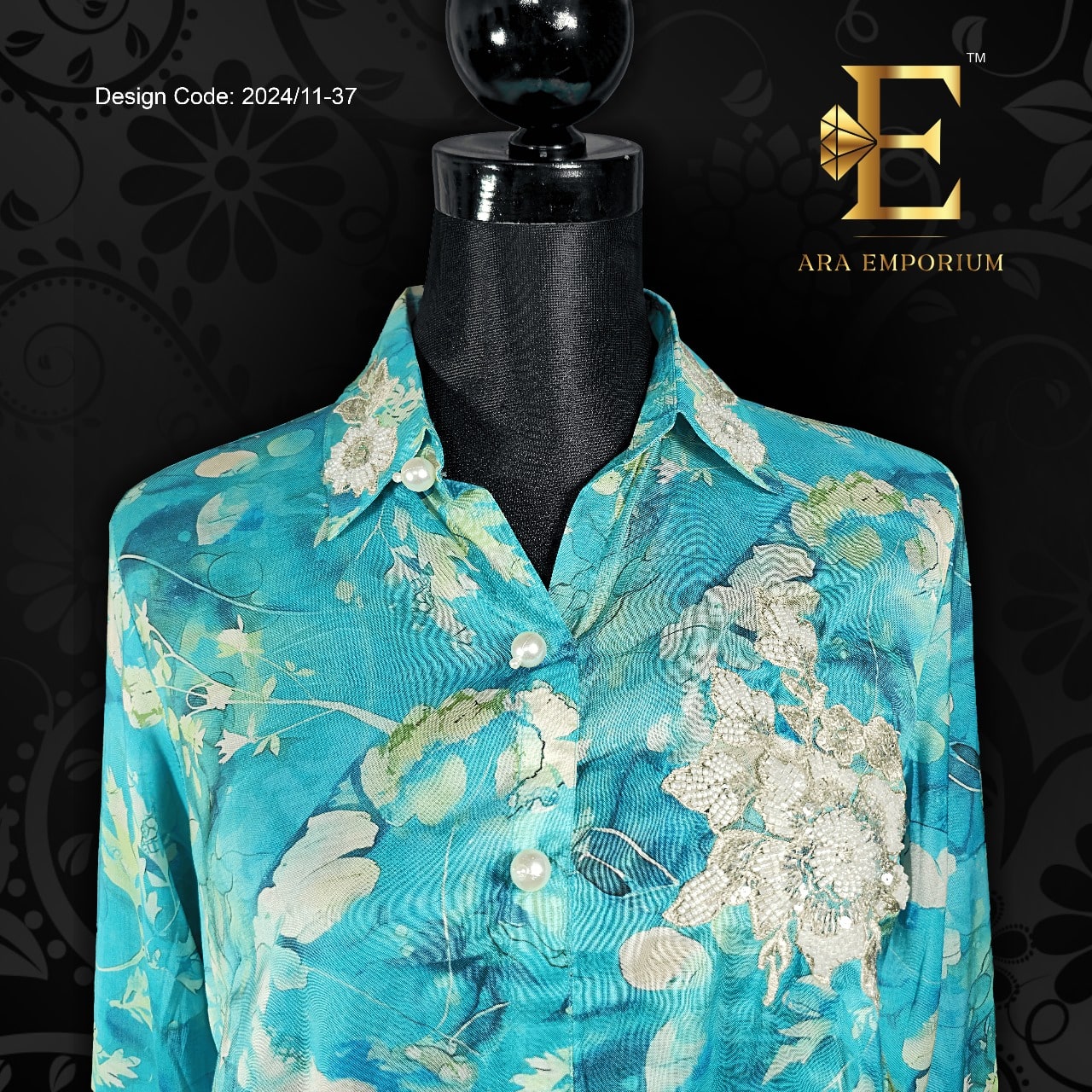 Sky Blue Floral Printed Shirt with Embroidered Accents - Image 2