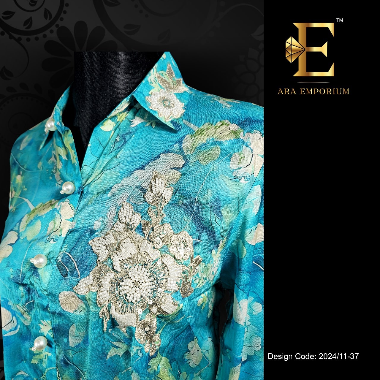 Sky Blue Floral Printed Shirt with Embroidered Accents - Image 3