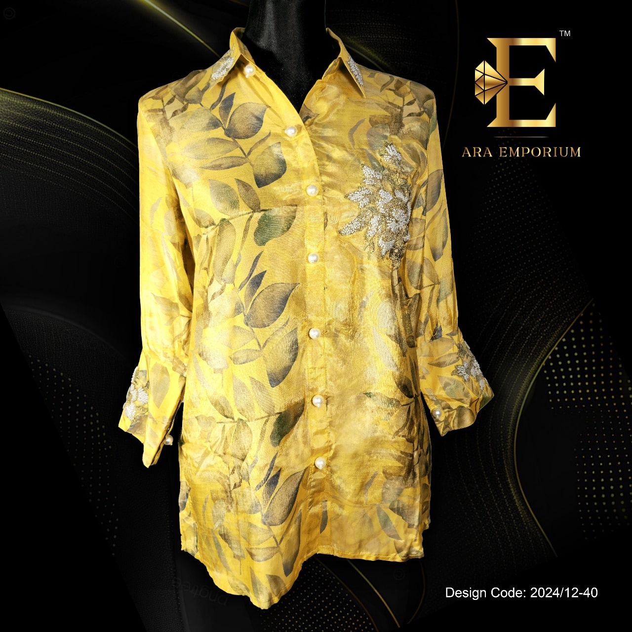 Mustard Yellow Leaf Printed Shirt with Embroidered Detail - Image 1