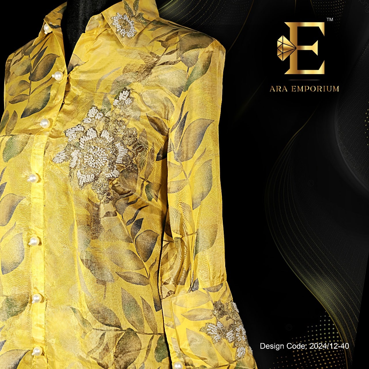 Mustard Yellow Leaf Printed Shirt with Embroidered Detail - Image 2