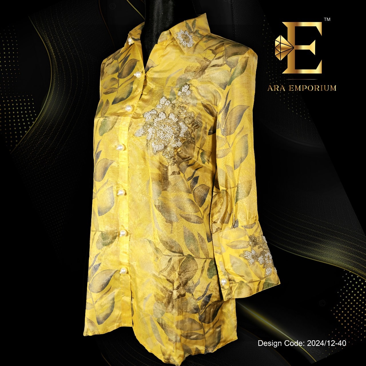 Mustard Yellow Leaf Printed Shirt with Embroidered Detail - Image 3