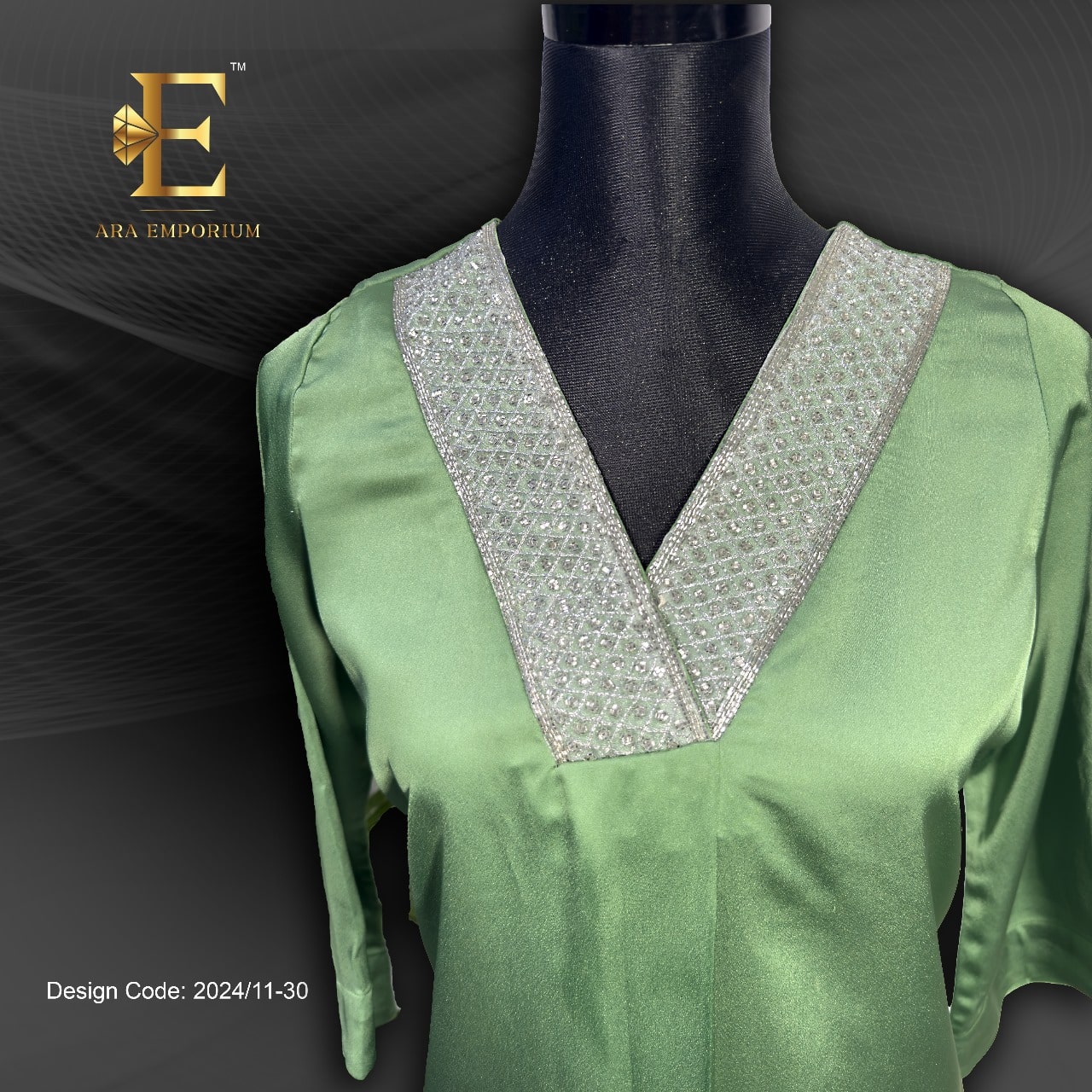 Sage Green Satin Cord Set with Printed Trousers - Image 1
