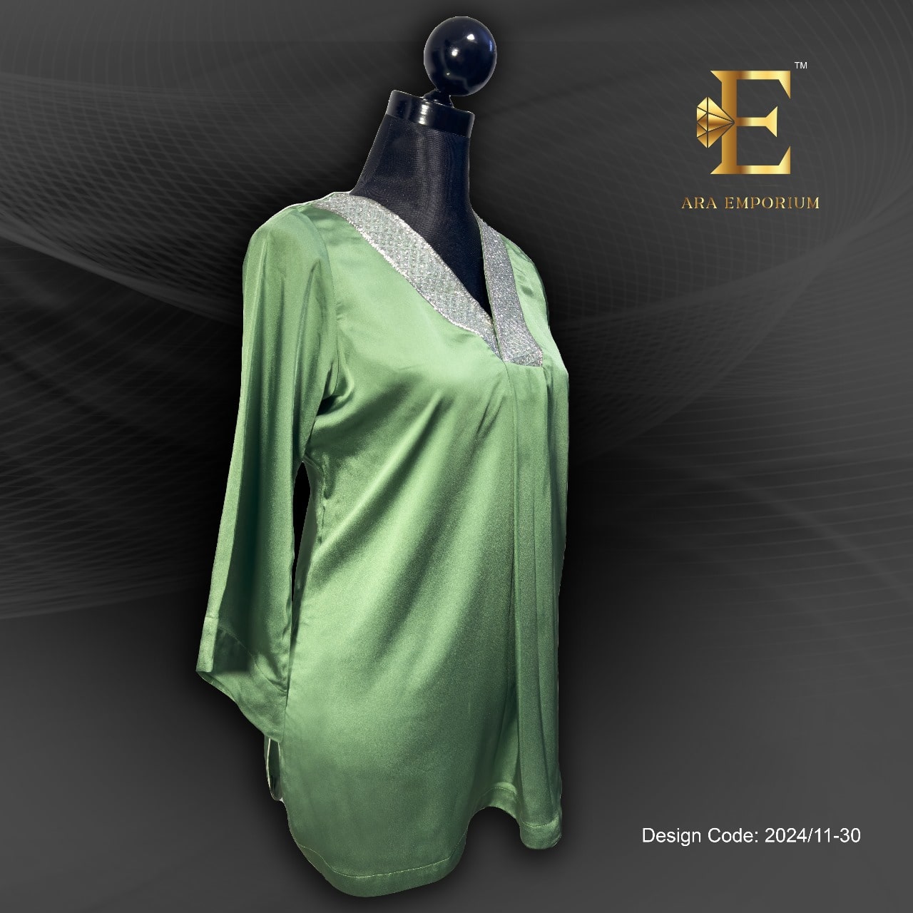 Sage Green Satin Cord Set with Printed Trousers - Image 2