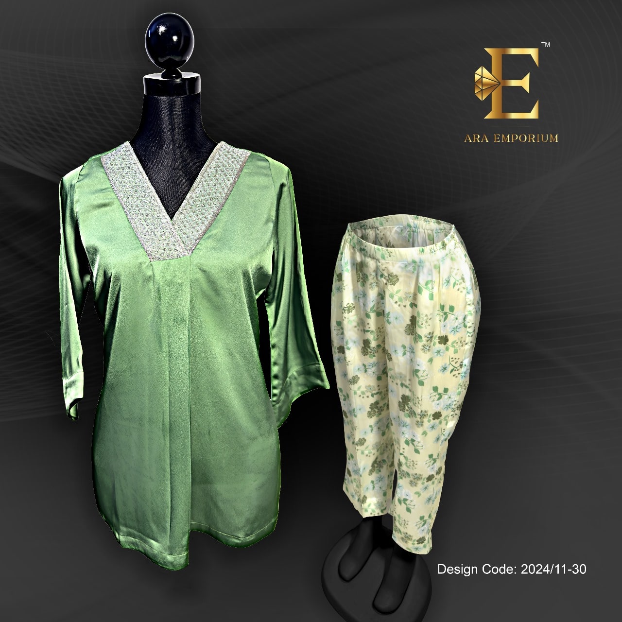 Sage Green Satin Cord Set with Printed Trousers - Image 3