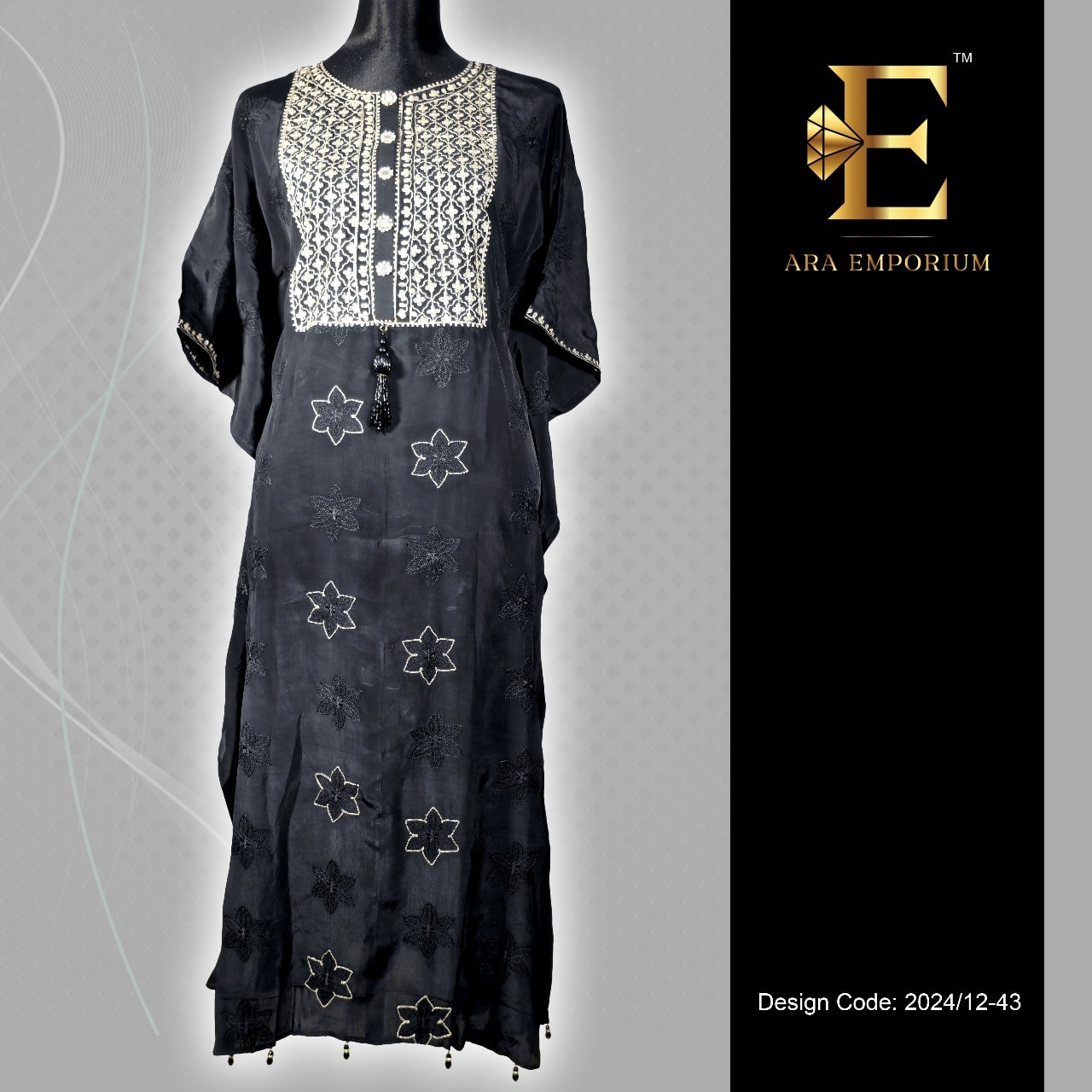 Black Embroidered Long Kaftan with Mirror Button Detail - Image 1