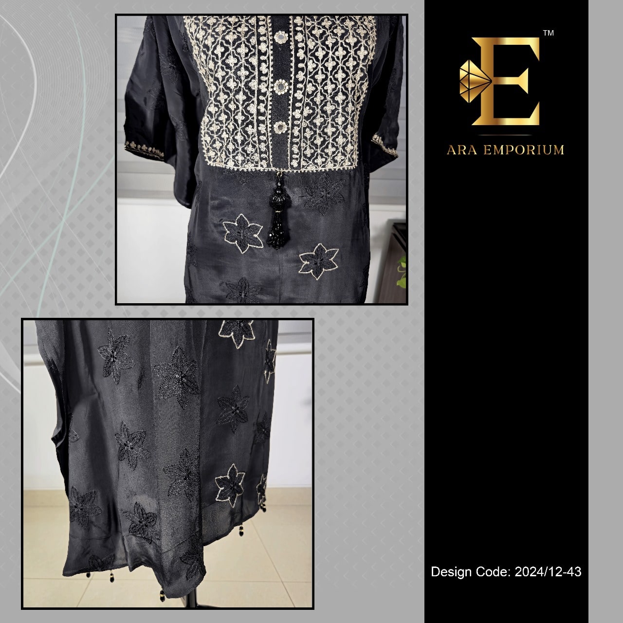 Black Embroidered Long Kaftan with Mirror Button Detail - Image 2