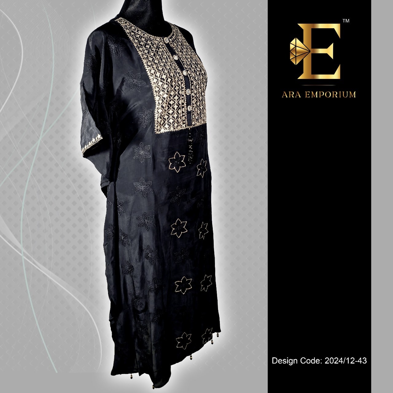 Black Embroidered Long Kaftan with Mirror Button Detail - Image 3