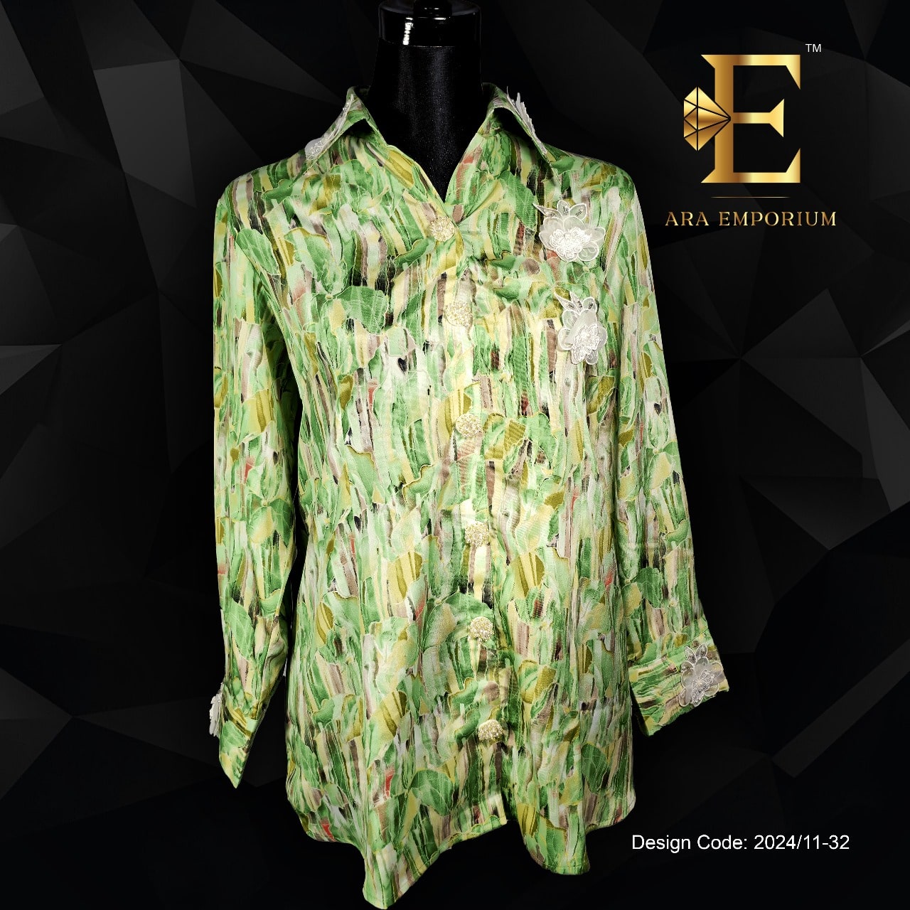 Green Abstract Printed Shirt with Lace Accents - Image 1