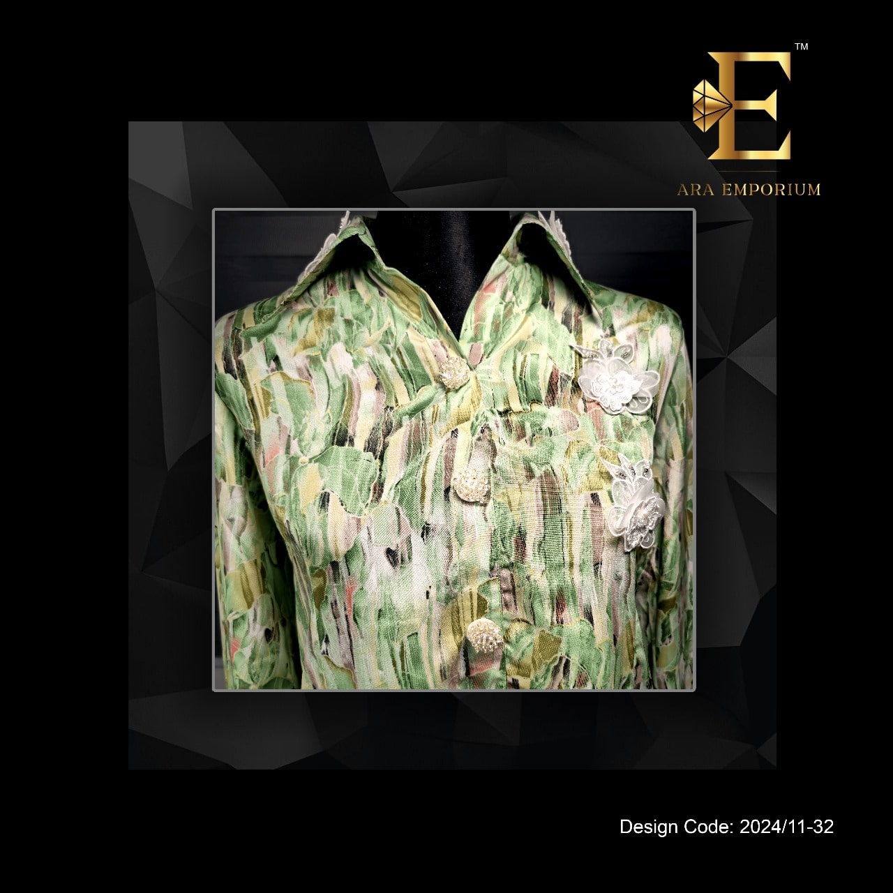 Green Abstract Printed Shirt with Lace Accents - Image 2