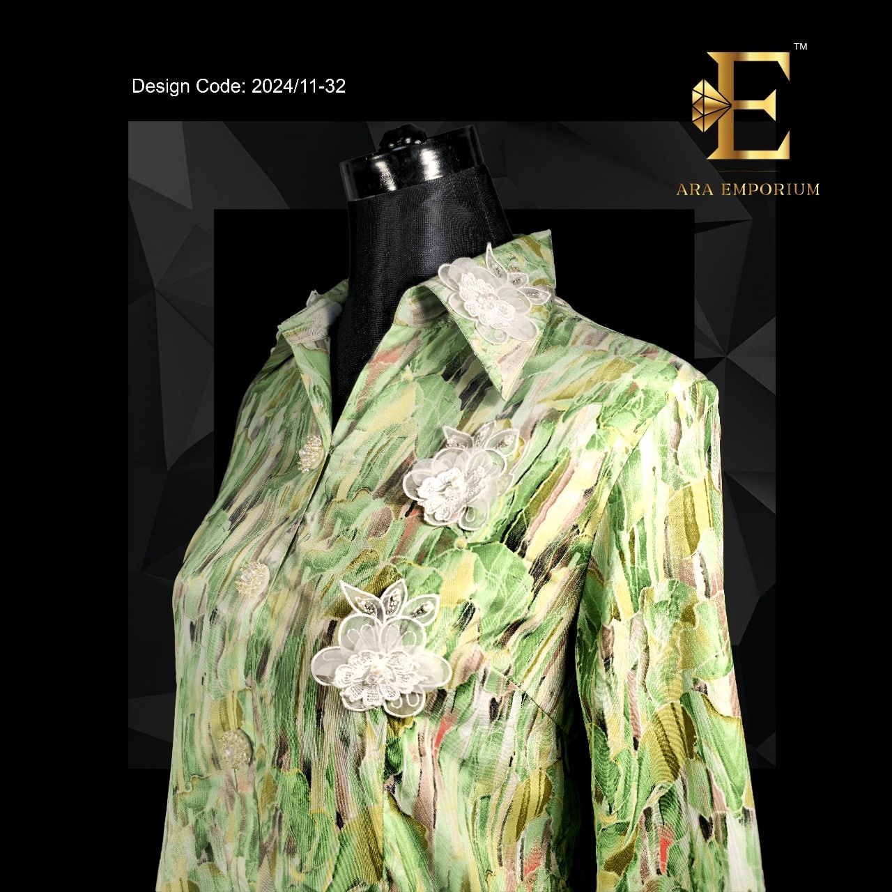 Green Abstract Printed Shirt with Lace Accents - Image 3