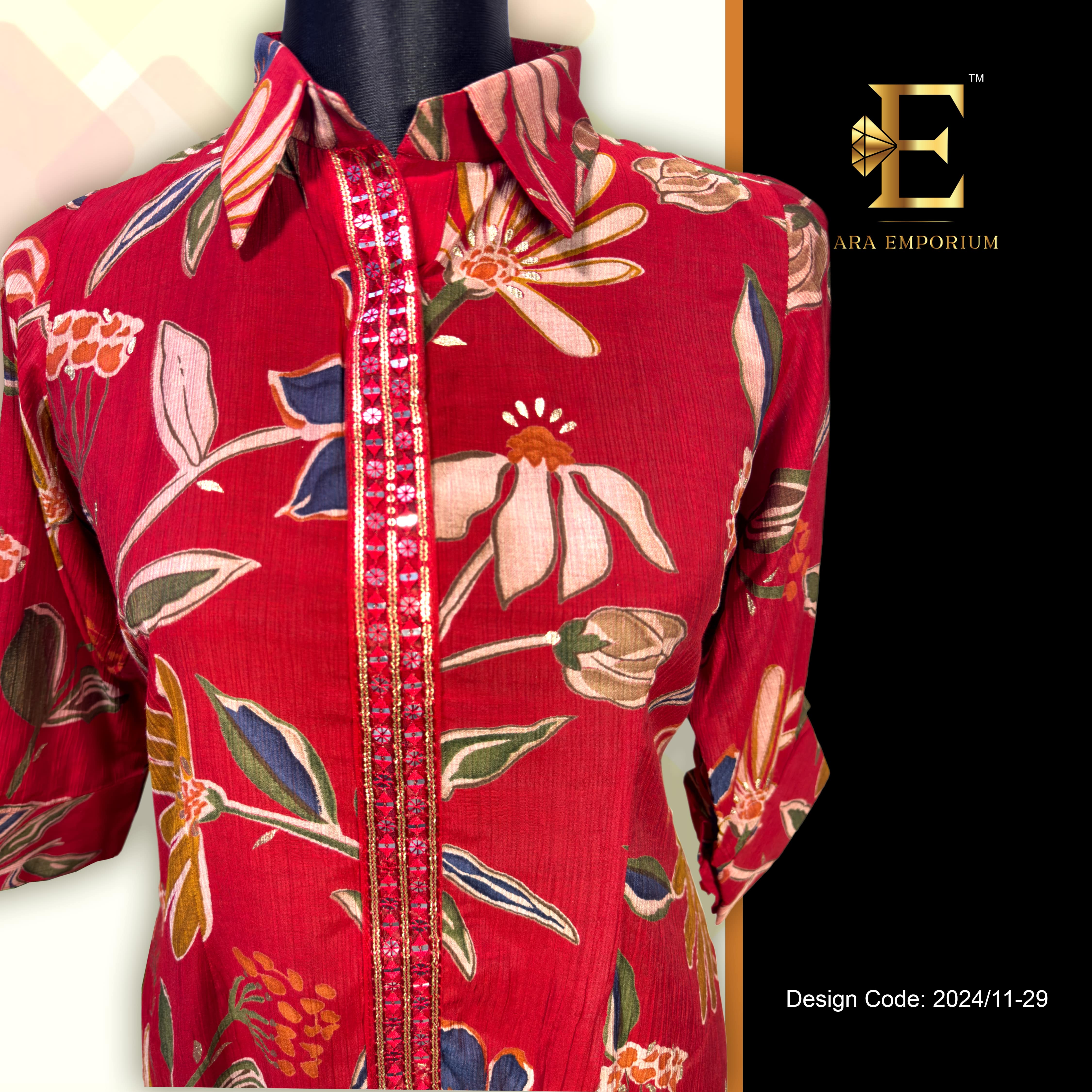 Red Floral Printed Cord Set with Matching Pants - Image 1