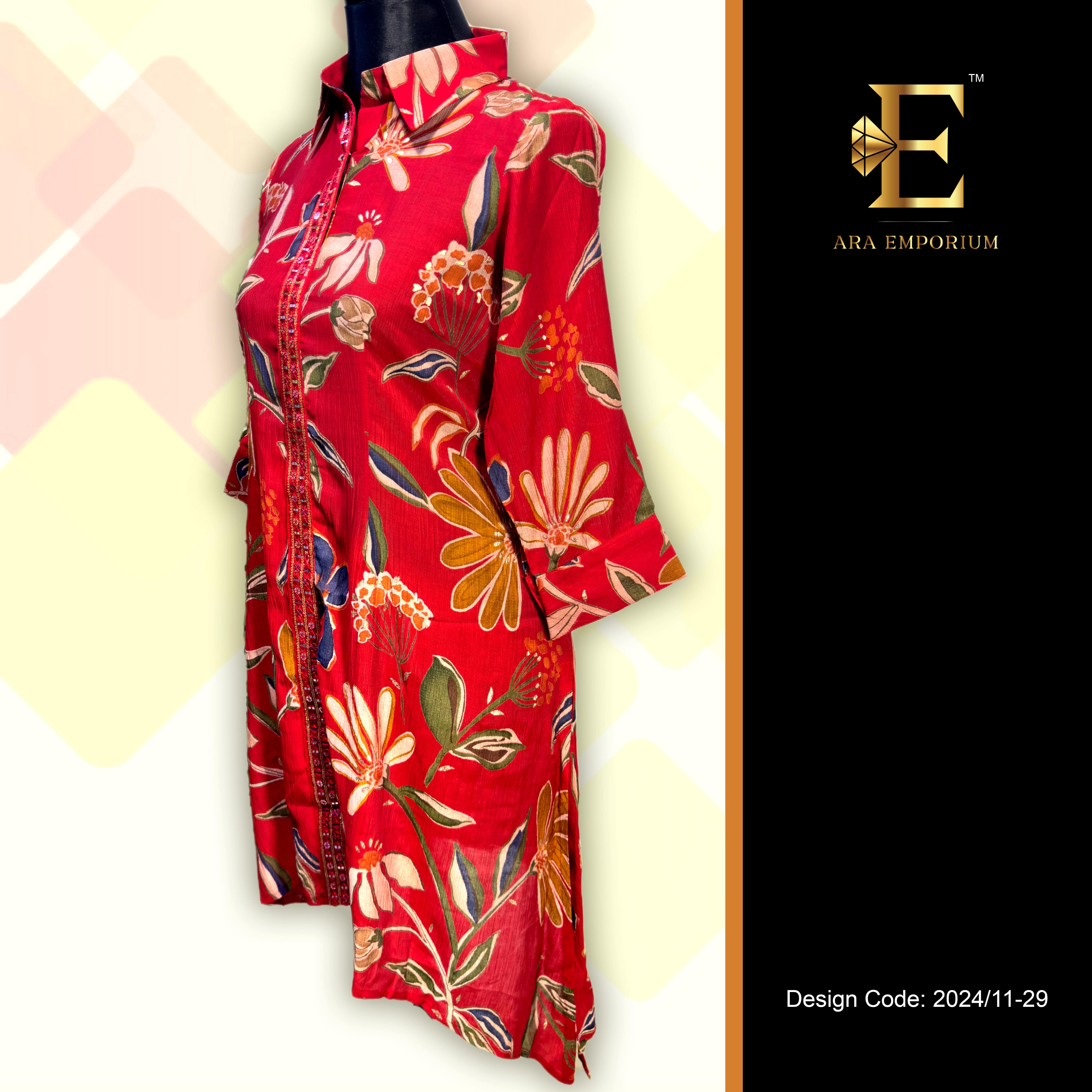 Red Floral Printed Cord Set with Matching Pants - Image 2