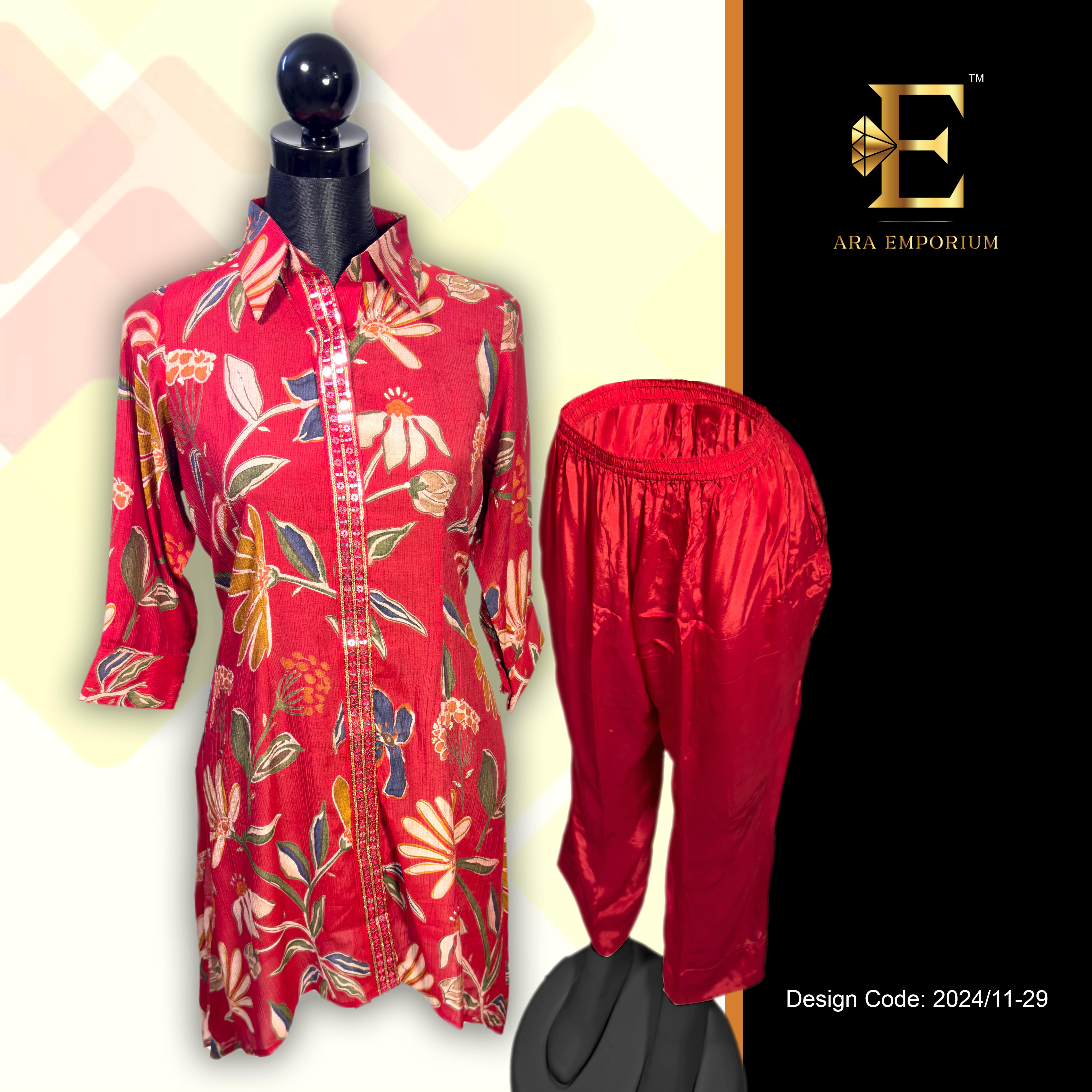 Red Floral Printed Cord Set with Matching Pants - Image 3