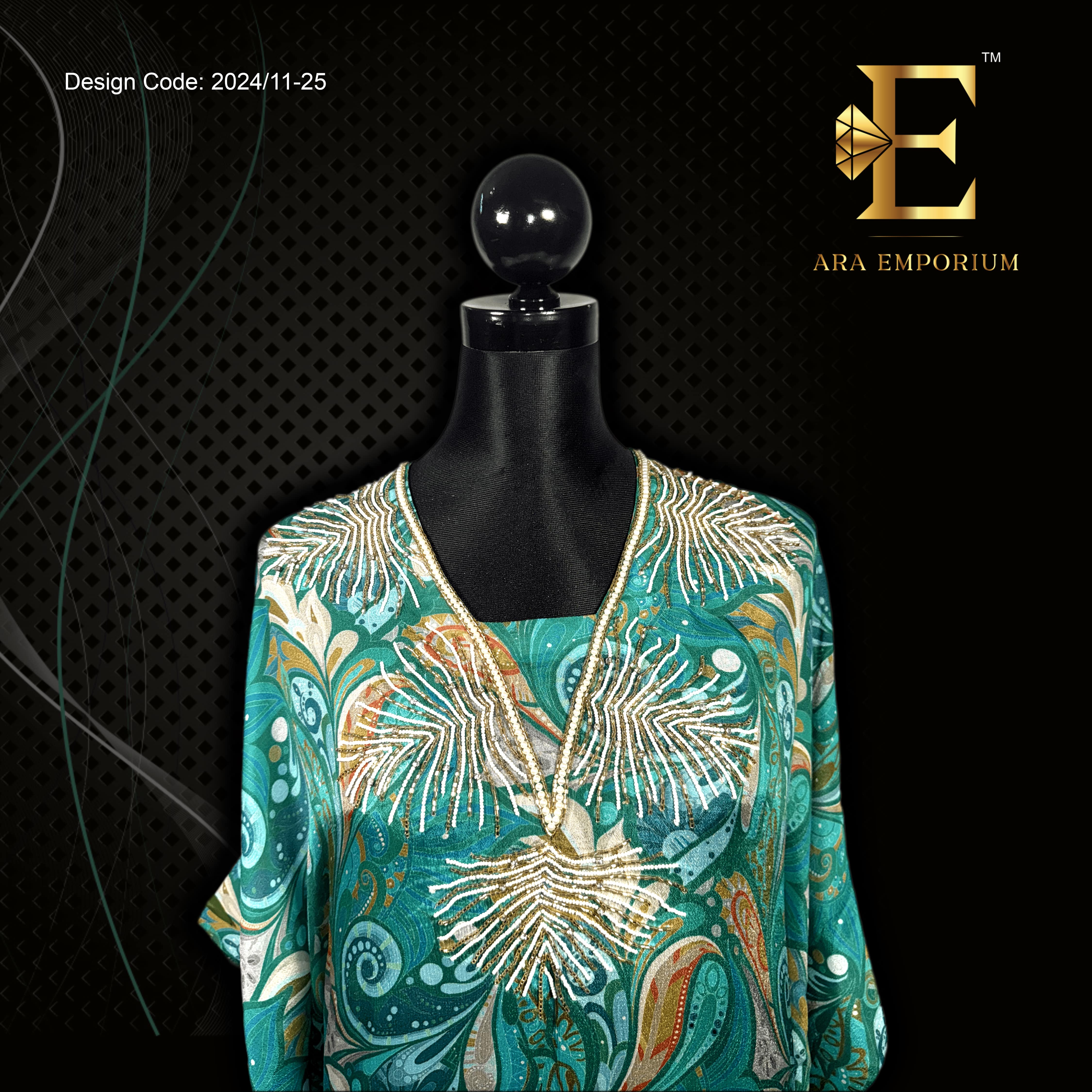 Teal Printed Long Kaftan with Relaxed Fit image 2