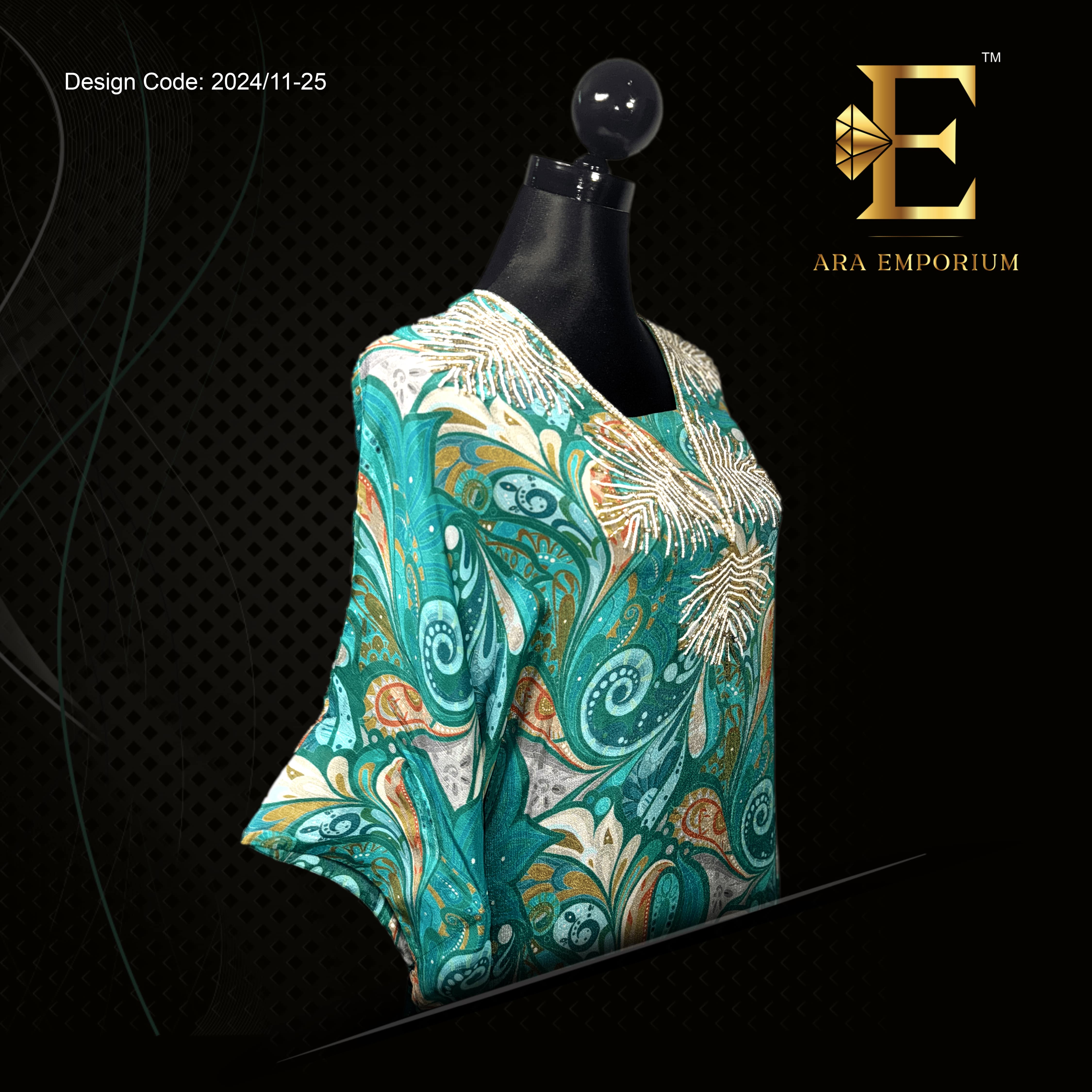 Teal Printed Long Kaftan with Relaxed Fit image 3