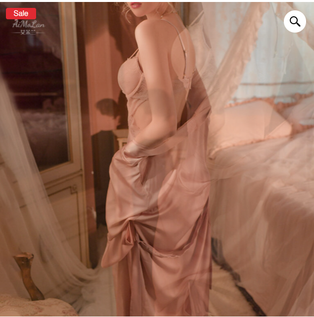 Ice silk pajamas women long sleeve sexy lace hollow nightdress_img_3