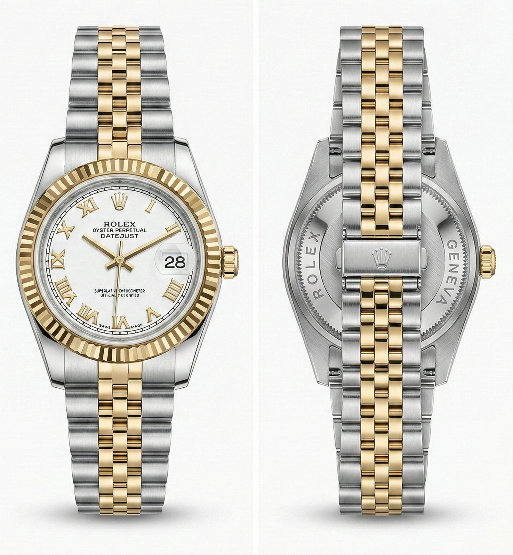 Rolex Oyster Perpetual Datejust Two-Tone Watch with White Roman Dial