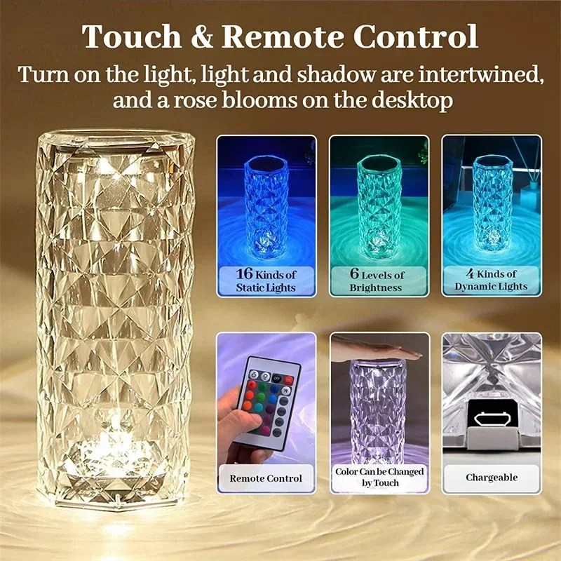 16 Colors Crystal Night Light LED Touch Projection Table Lamp Rose Remote Dimmable USB Romantic Atmosphere Light for Decor Home_img_3