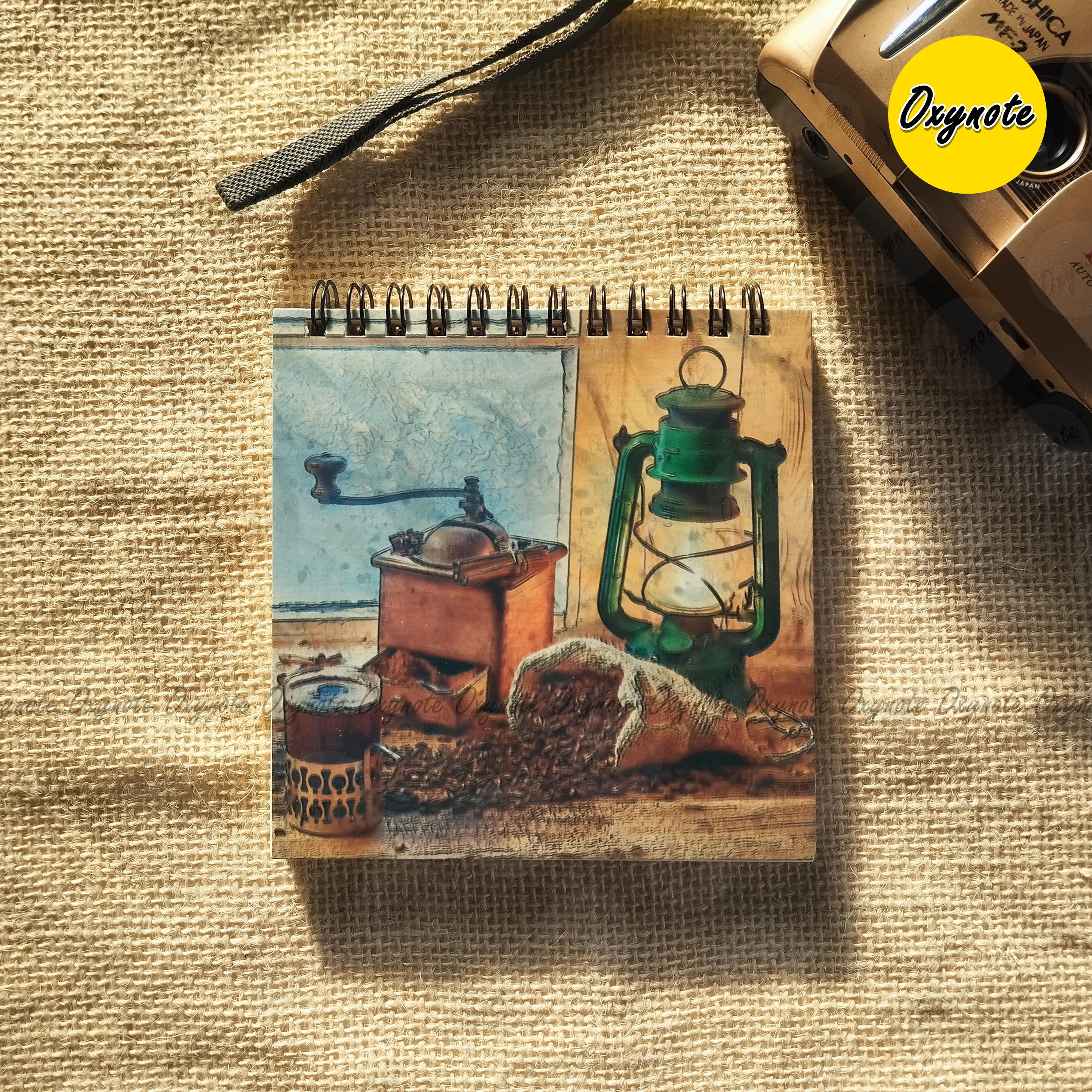Vintage Hurricane Lamp & Coffee Painting Square Sketchbook by OXYNOTE