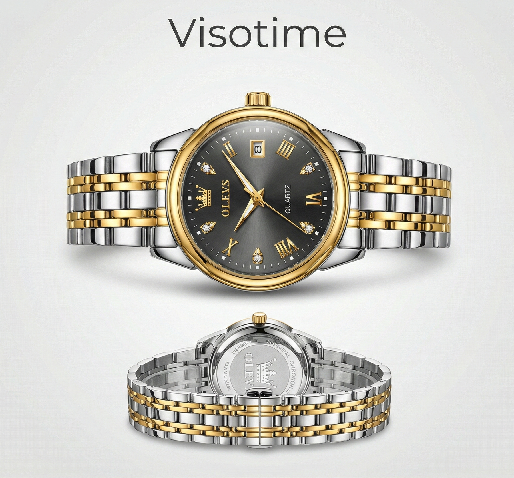 OLEVS Two-Tone Stainless Steel Quartz Watch with Dark Grey Dial and Date Display