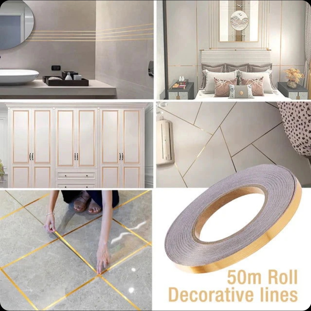 166 Feet (Golden color) Self-Adhesive Waterproof Tile Gap Tape for Floor and Wall Sealing(1 line tiles gap adhesive)_img_1