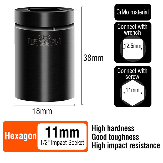 HARDEN Impact Short Socket 1/2" Drive ( 8 | 9 | 10 | 11 | 12 | 13 | 14 | 15 | 16 | 17 | 18 | 19 | 21 | 22 | 23 | 24 | 27 | 30 | 32 mm ), Short Socket, 6PT; Model:  536508 to 536532_img_15