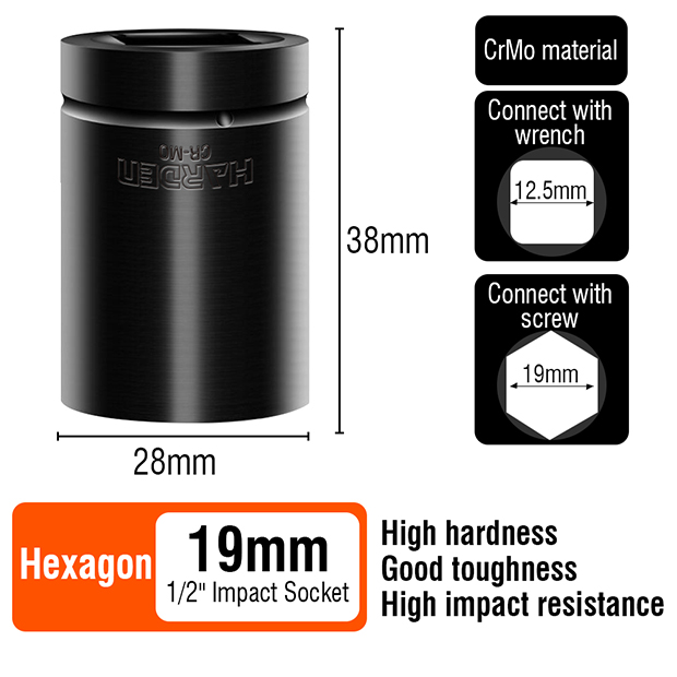HARDEN Impact Short Socket 1/2" Drive ( 8 | 9 | 10 | 11 | 12 | 13 | 14 | 15 | 16 | 17 | 18 | 19 | 21 | 22 | 23 | 24 | 27 | 30 | 32 mm ), Short Socket, 6PT; Model:  536508 to 536532_img_23