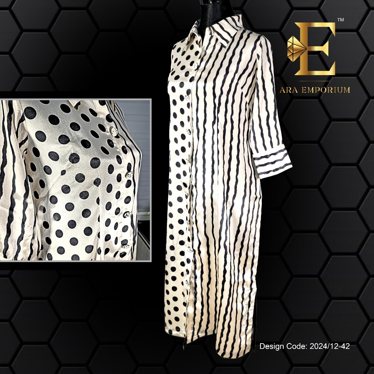 Black and White Polka Dot & Stripe Long Shirt - Image 2