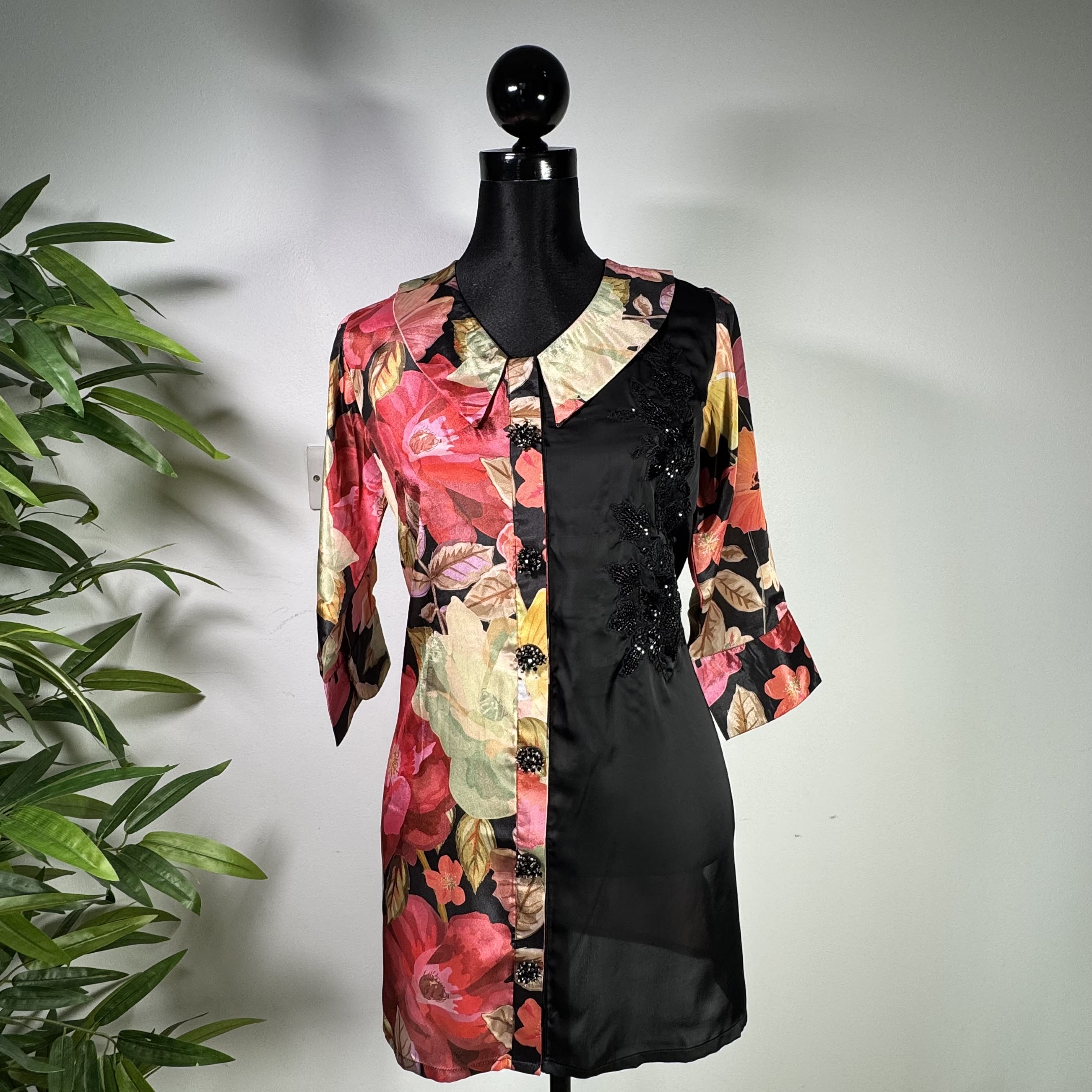 Floral and Black Contrast Panel Button-Down Shirt - Image 1