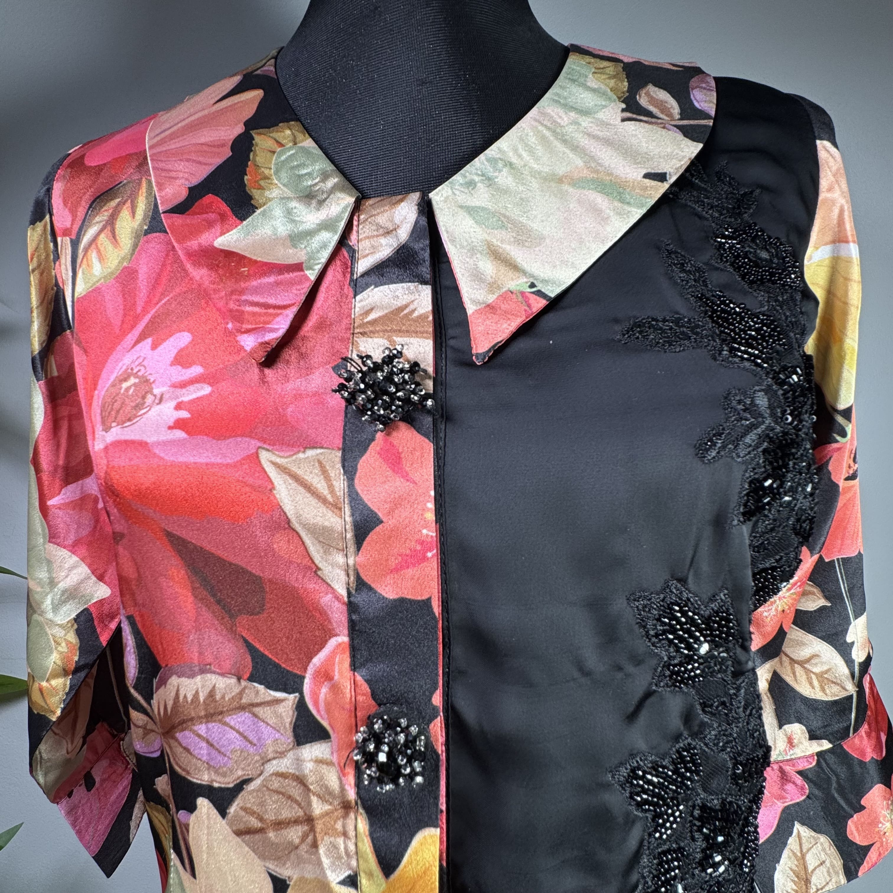 Floral and Black Contrast Panel Button-Down Shirt - Image 2