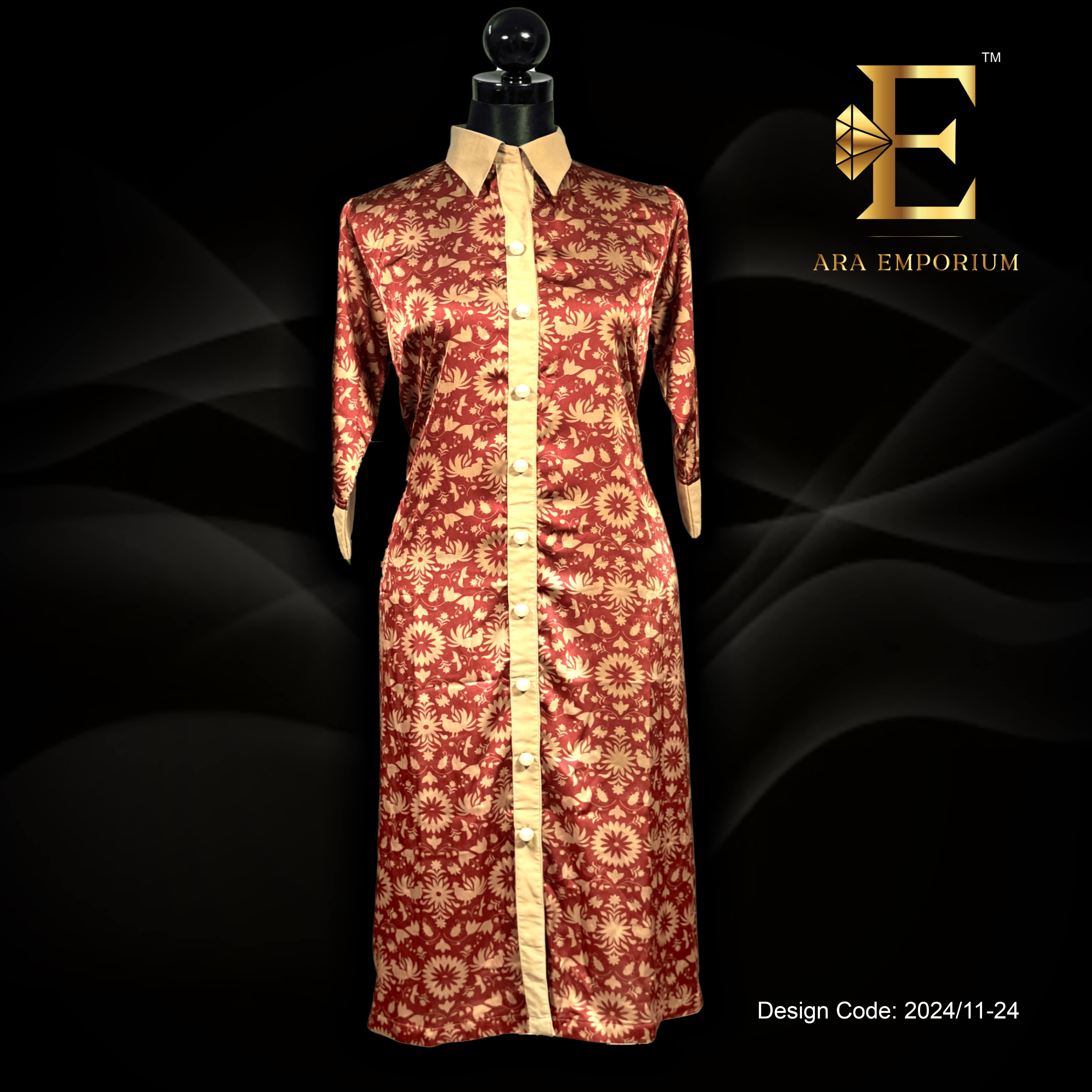 Maroon Printed Long Shirt with Contrast Placket - Image 1