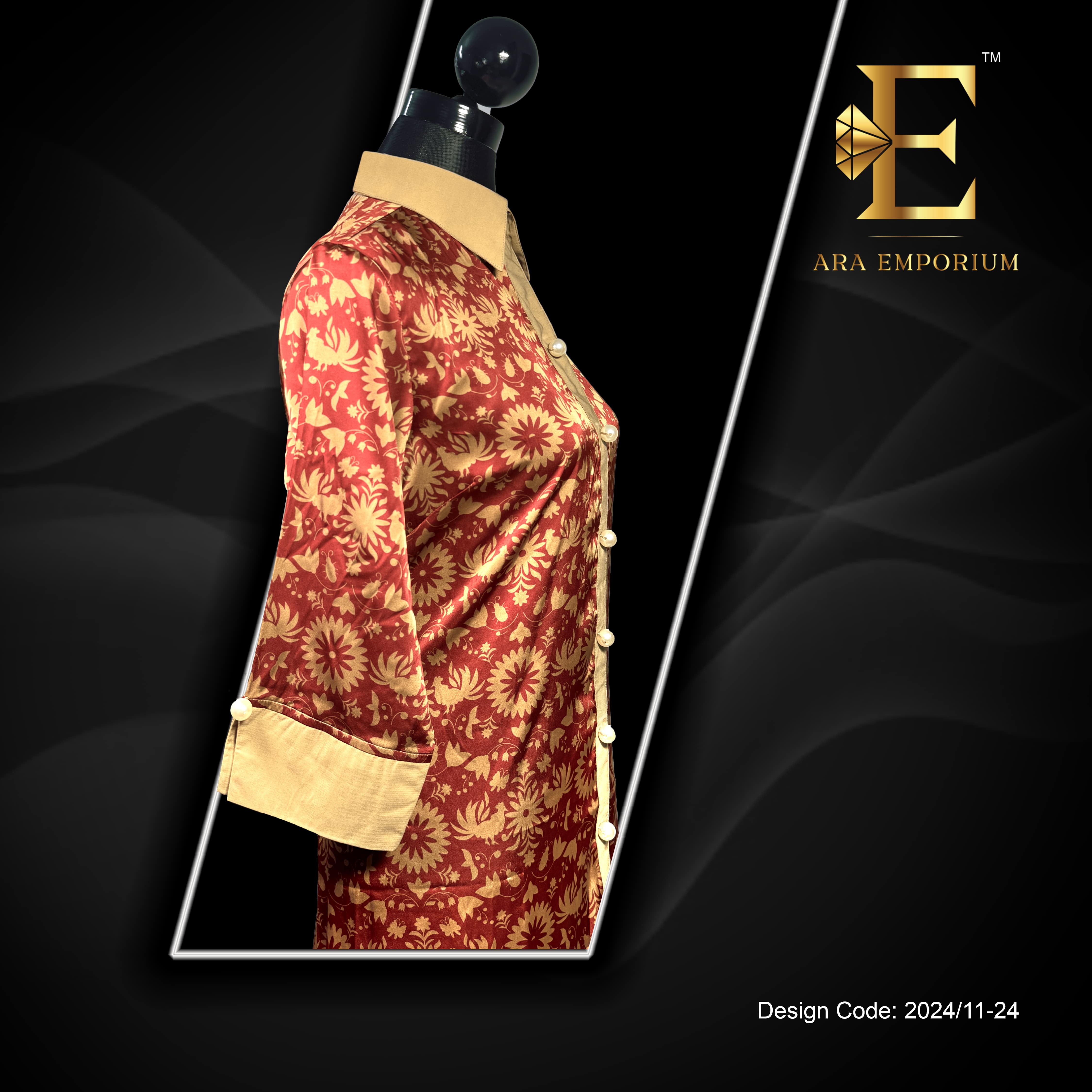 Maroon Printed Long Shirt with Contrast Placket - Image 2